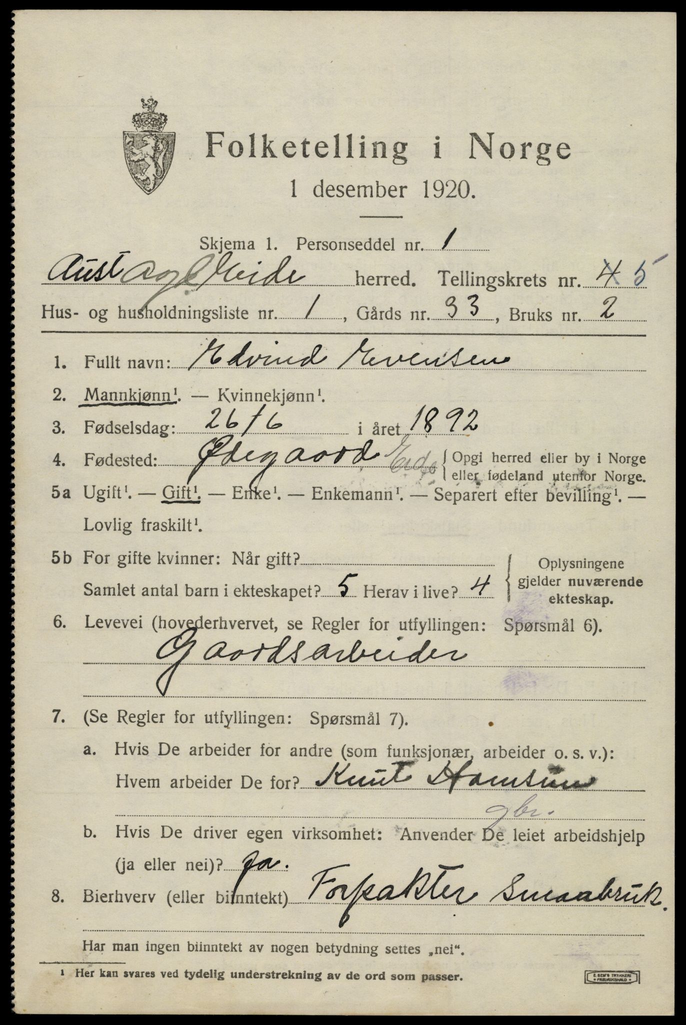 SAK, 1920 census for Eide, 1920, p. 1382