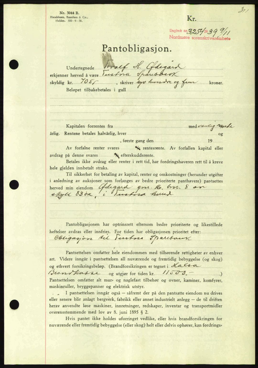 Nordmøre sorenskriveri, AV/SAT-A-4132/1/2/2Ca: Mortgage book no. B86, 1939-1940, Diary no: : 3254/1939