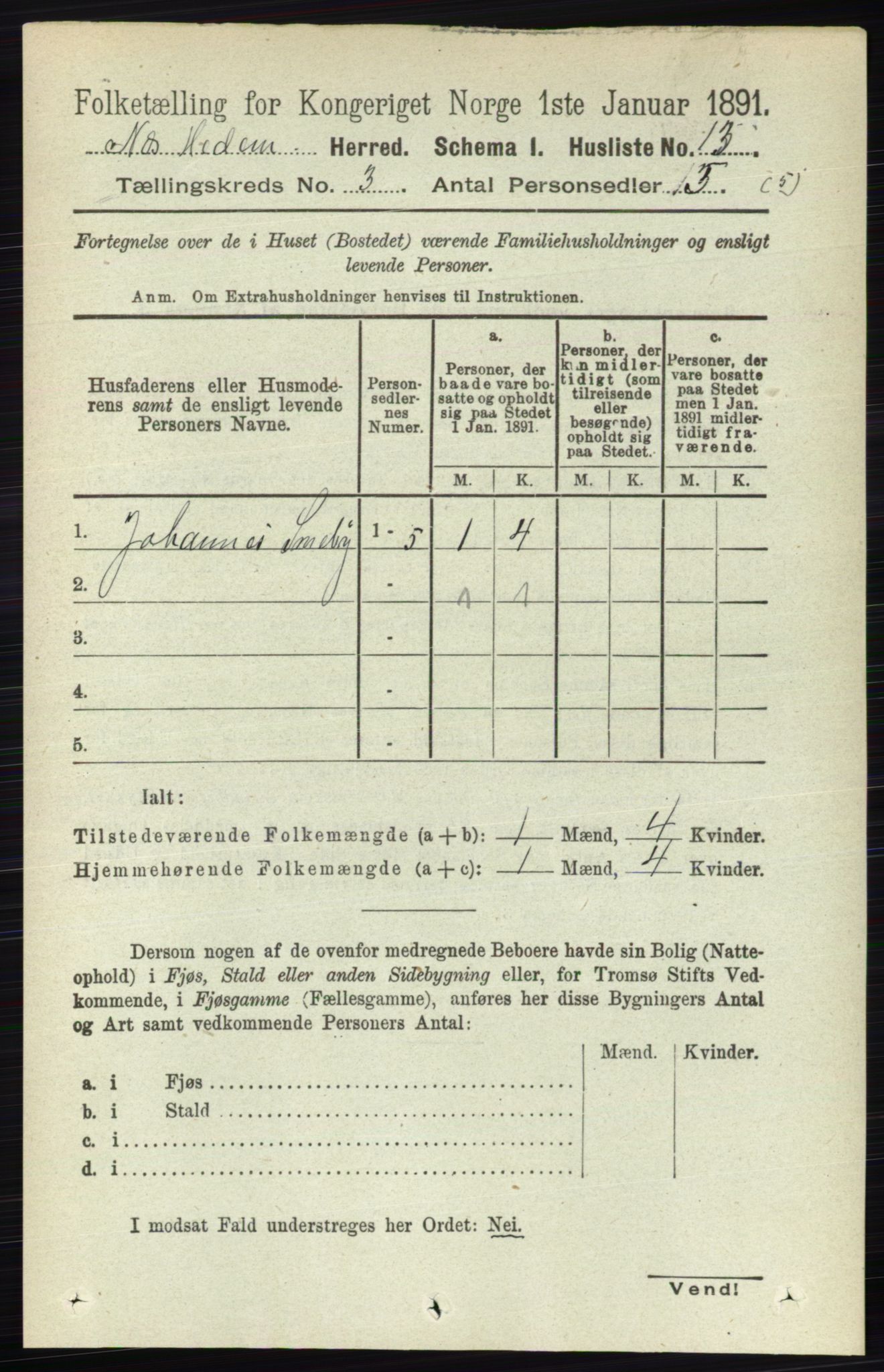 RA, 1891 census for 0411 Nes, 1891, p. 1533