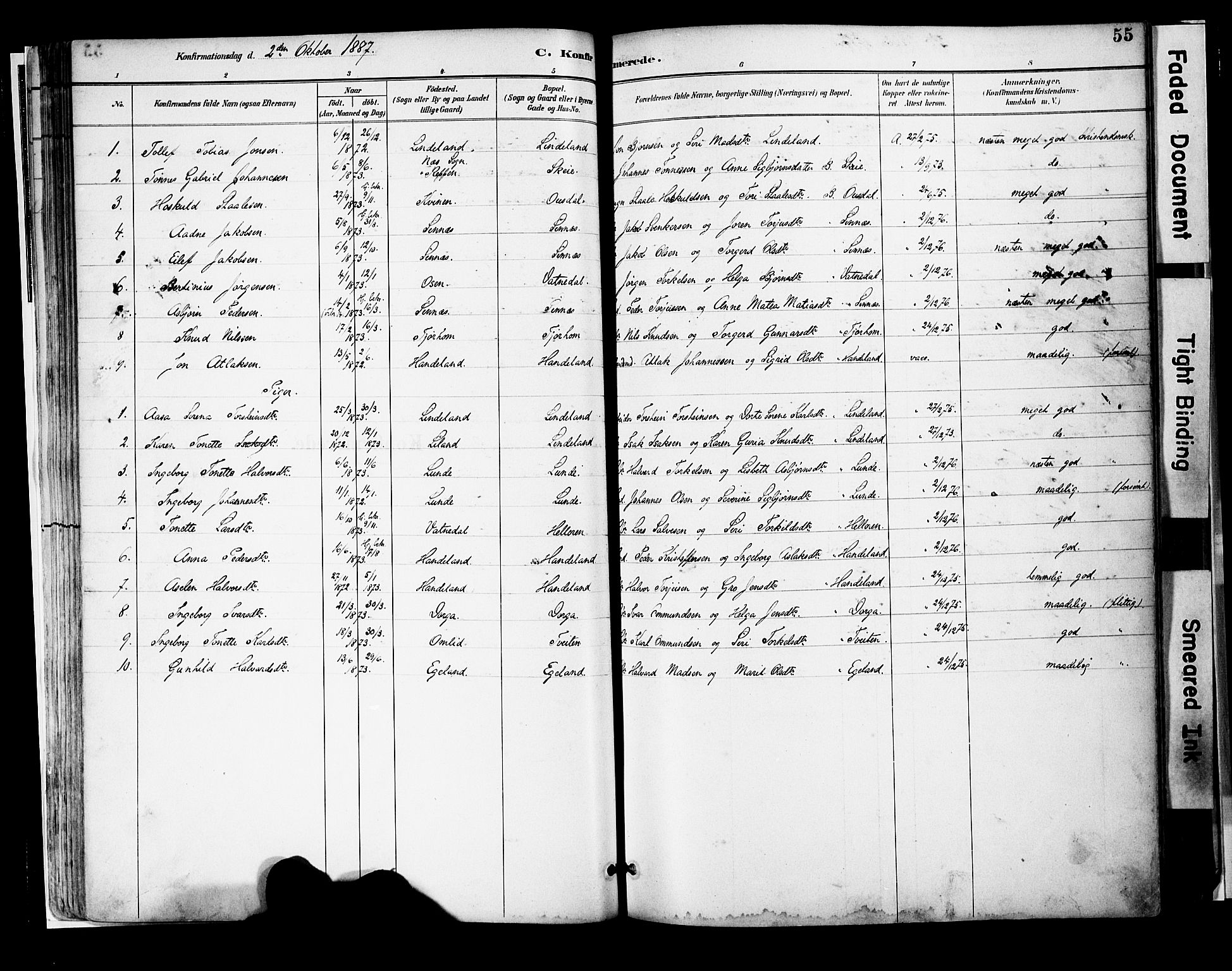 Sirdal sokneprestkontor, SAK/1111-0036/F/Fa/Faa/L0001: Parish register (official) no. A 1, 1887-1910, p. 55