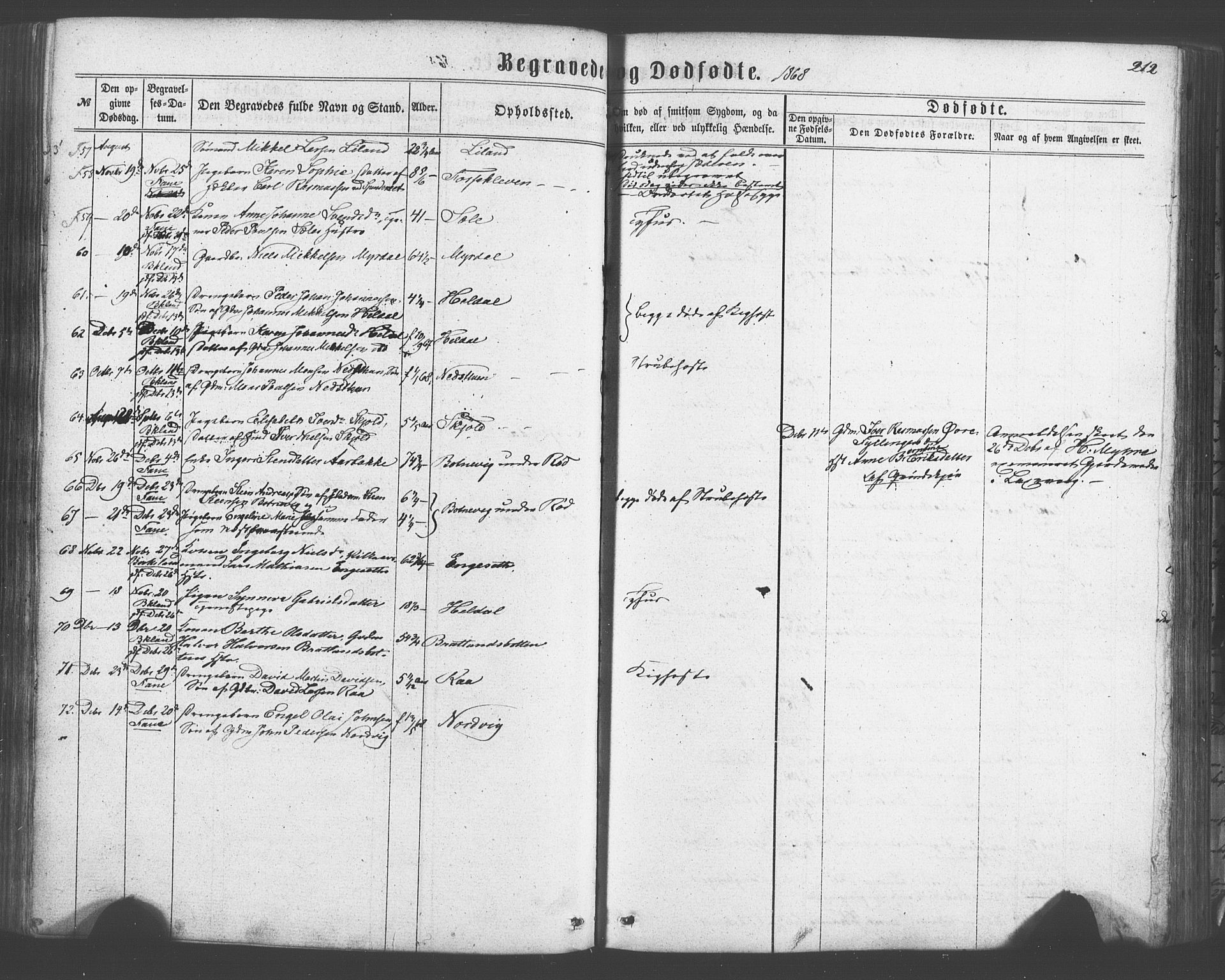 Fana Sokneprestembete, SAB/A-75101/H/Haa/Haaa/L0012: Parish register (official) no. A 12, 1862-1878, p. 212