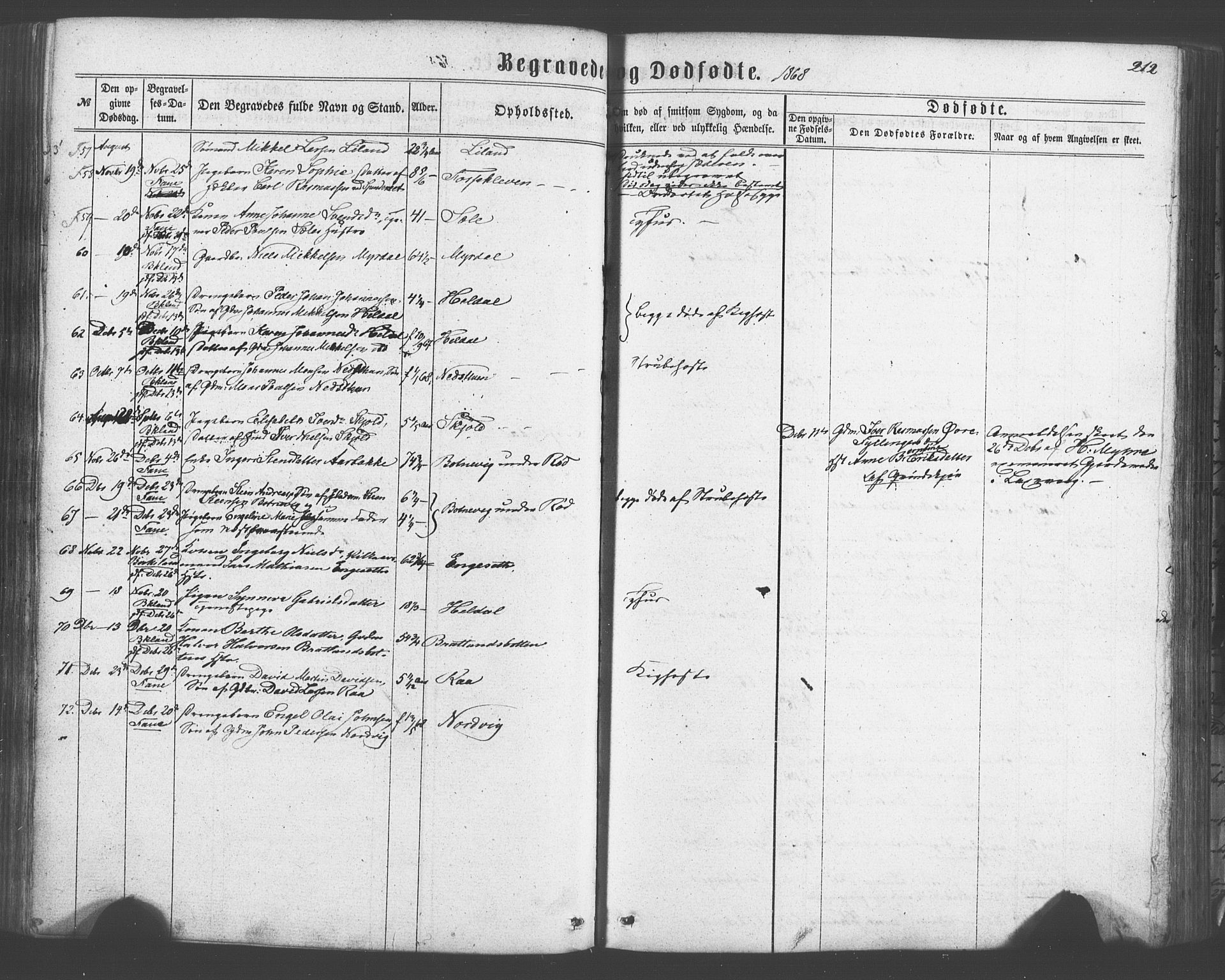 Fana Sokneprestembete, AV/SAB-A-75101/H/Haa/Haaa/L0012: Parish register (official) no. A 12, 1862-1878, p. 212