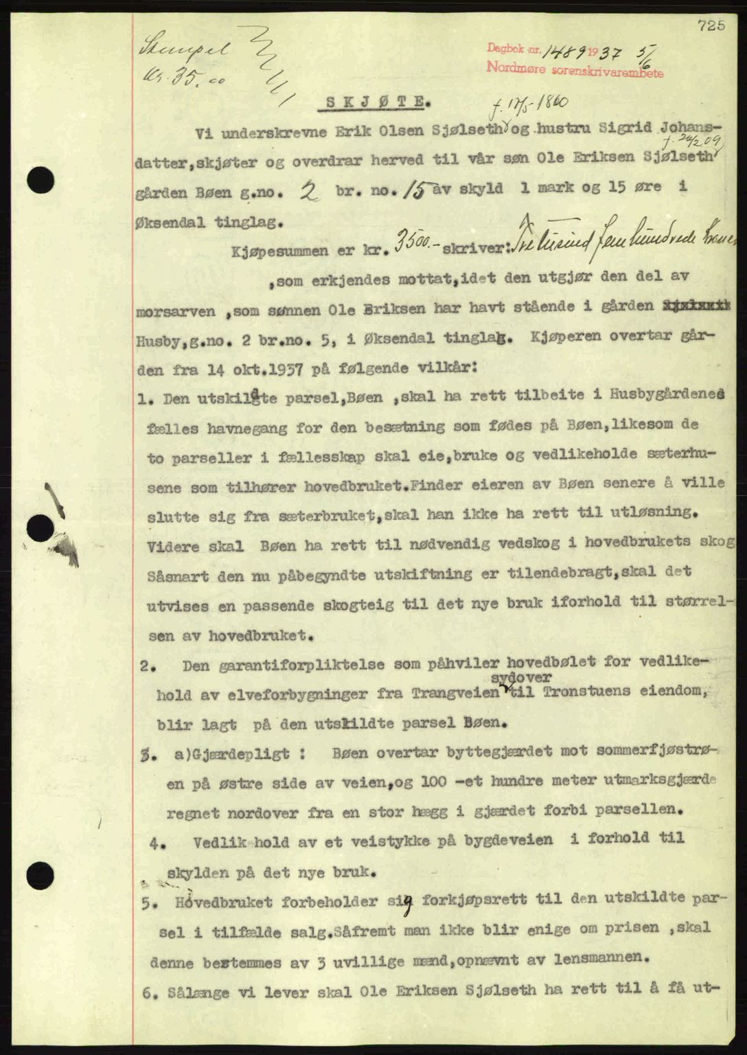 Nordmøre sorenskriveri, AV/SAT-A-4132/1/2/2Ca: Mortgage book no. A81, 1937-1937, Diary no: : 1489/1937