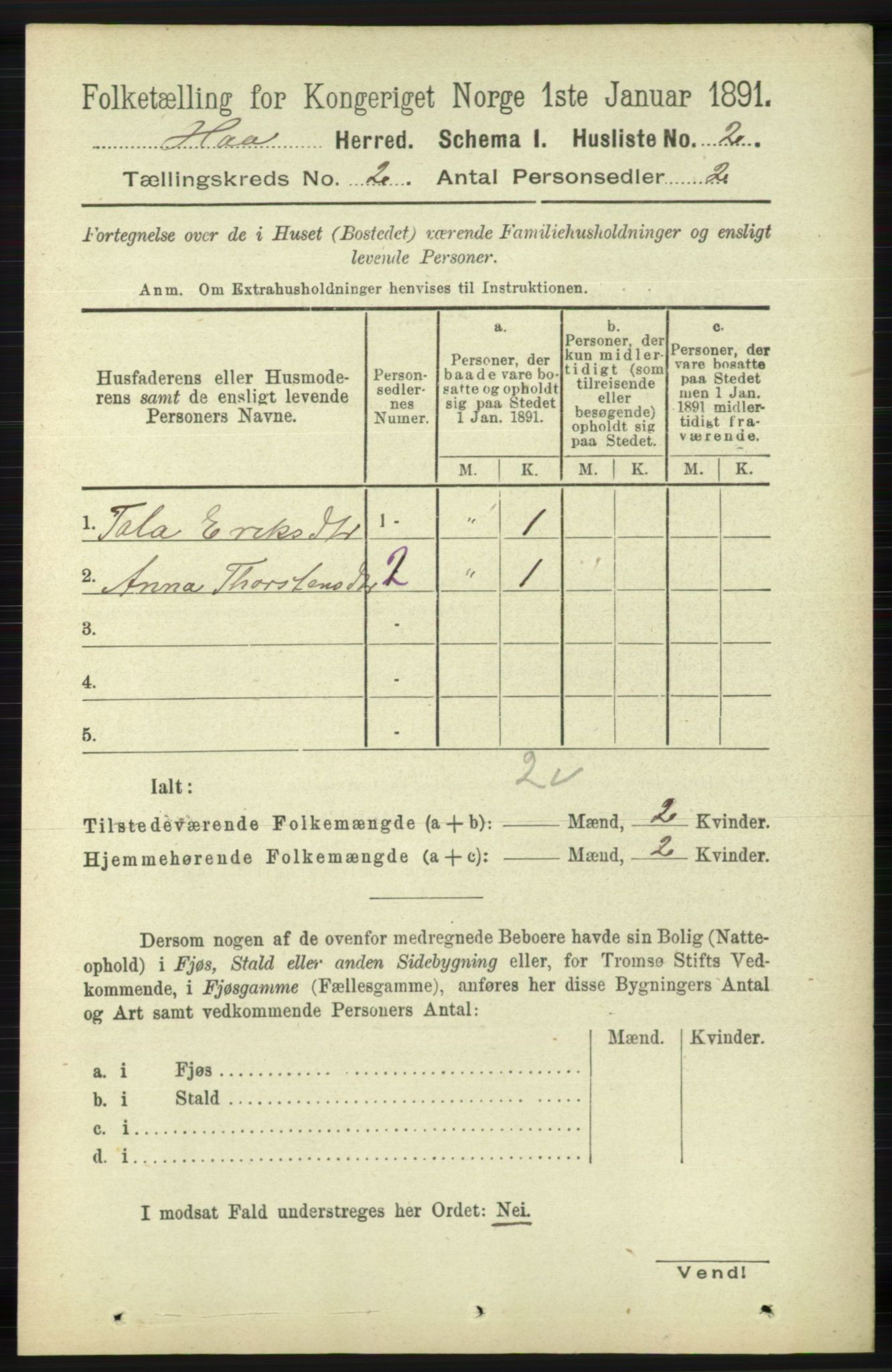 RA, 1891 census for 1119 Hå, 1891, p. 325