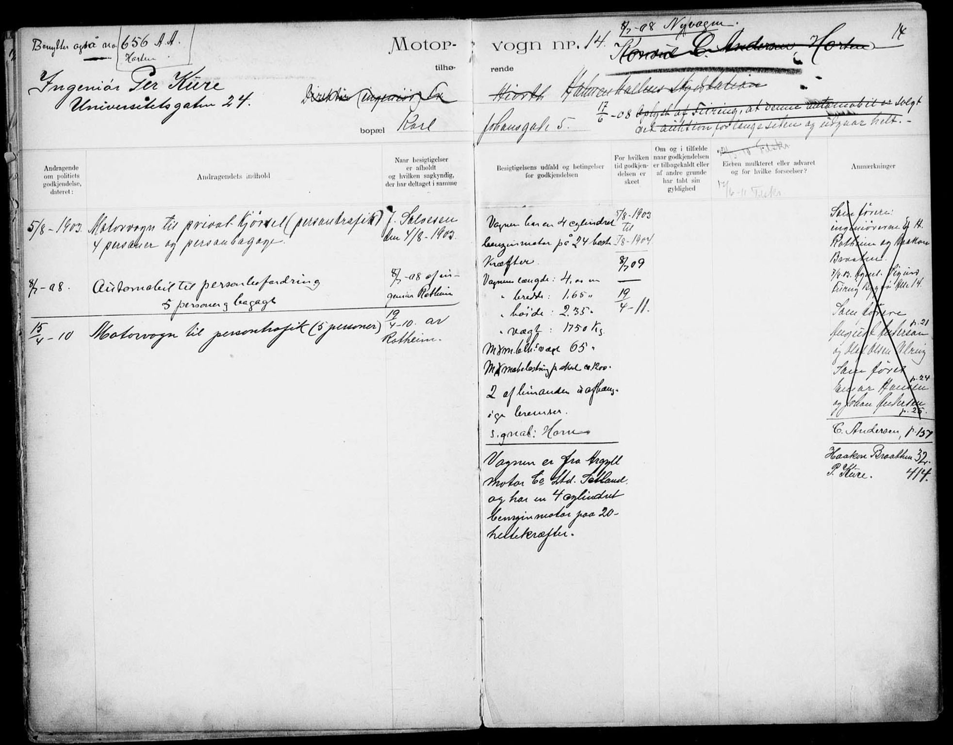 Vegdirektoratet, Bilavdelingen M, AV/RA-S-1663/F/Fa/L0001: Bilregisterprotokoll. Reg.nr. 1-199 og 300-310, 1899-1914, p. 14