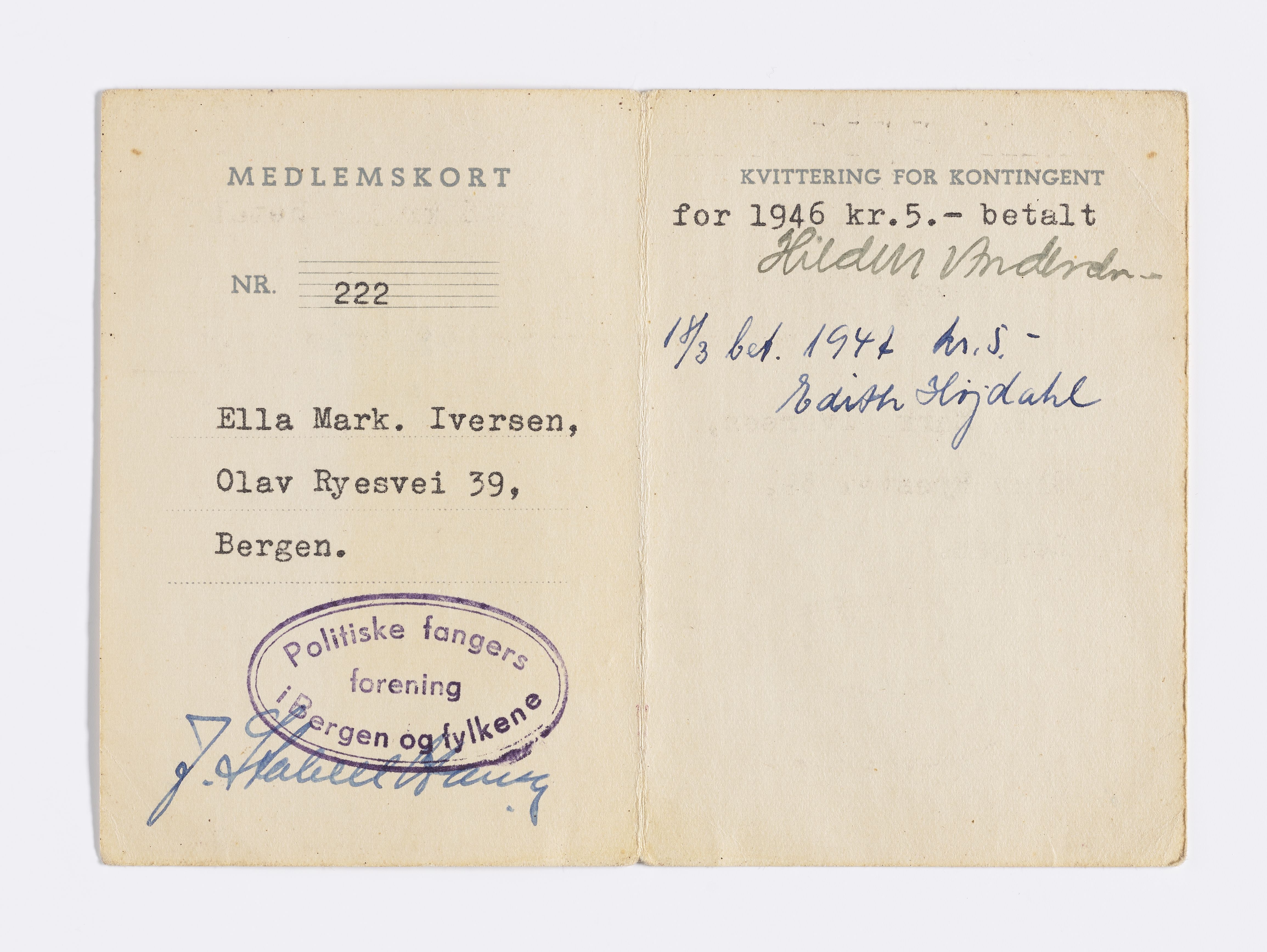 Ella Rafto, AFM/GRI-1033/P/Pa/L0001/0001: Medlemskort / Medlemskort, 1946-1947