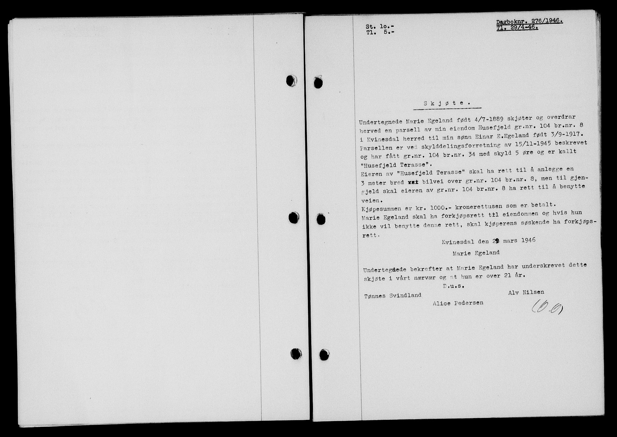 Flekkefjord sorenskriveri, AV/SAK-1221-0001/G/Gb/Gba/L0060: Mortgage book no. A-8, 1945-1946, Diary no: : 276/1946