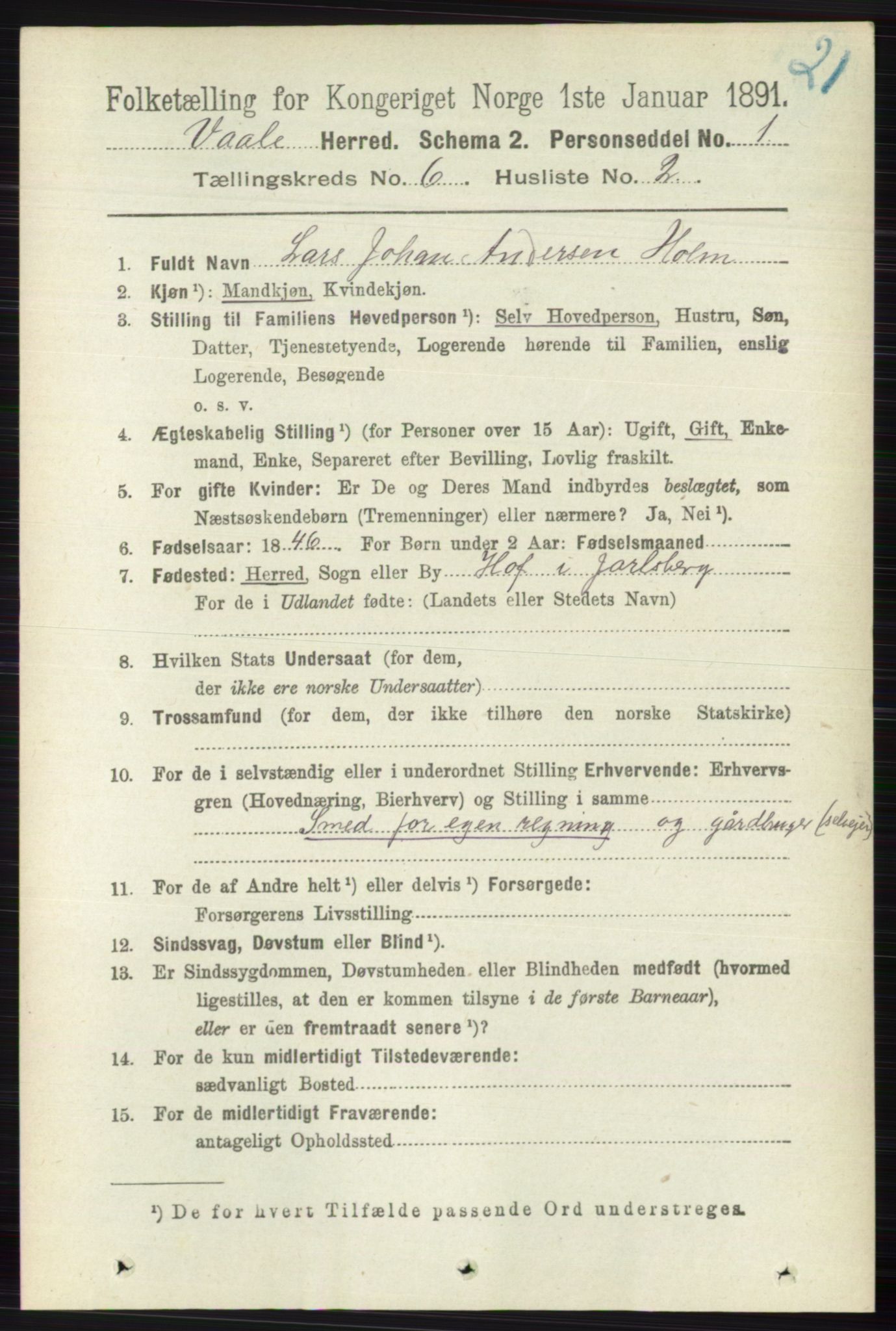 RA, 1891 census for 0716 Våle, 1891, p. 1786