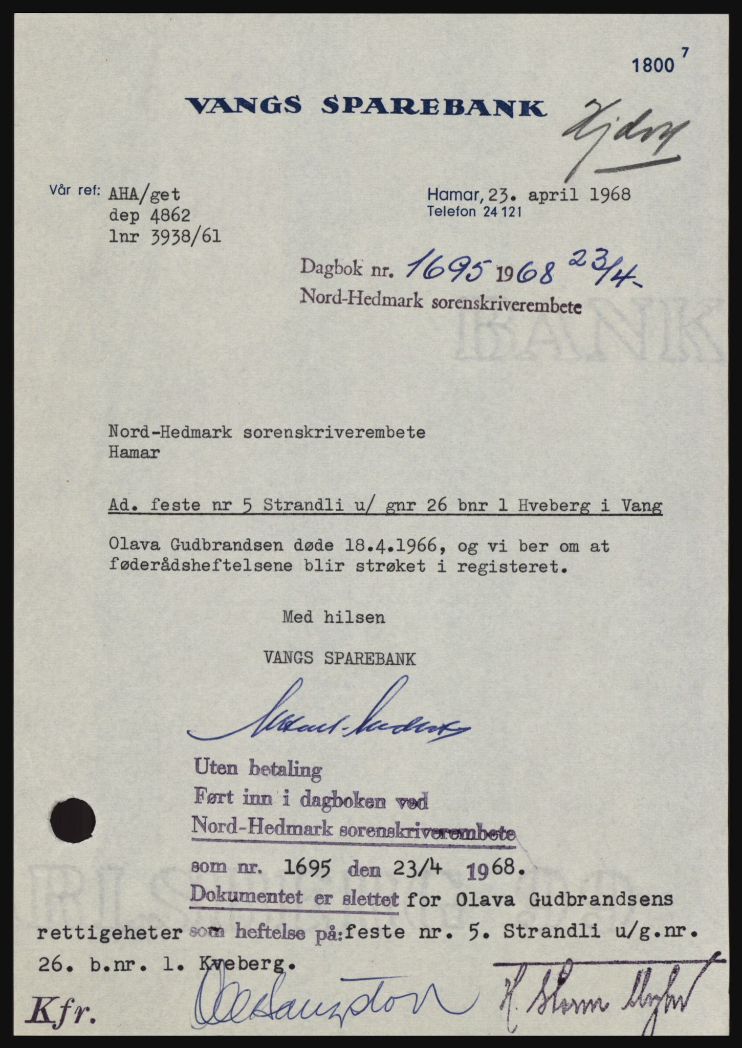 Nord-Hedmark sorenskriveri, SAH/TING-012/H/Hc/L0027: Mortgage book no. 27, 1967-1968, Diary no: : 1695/1968