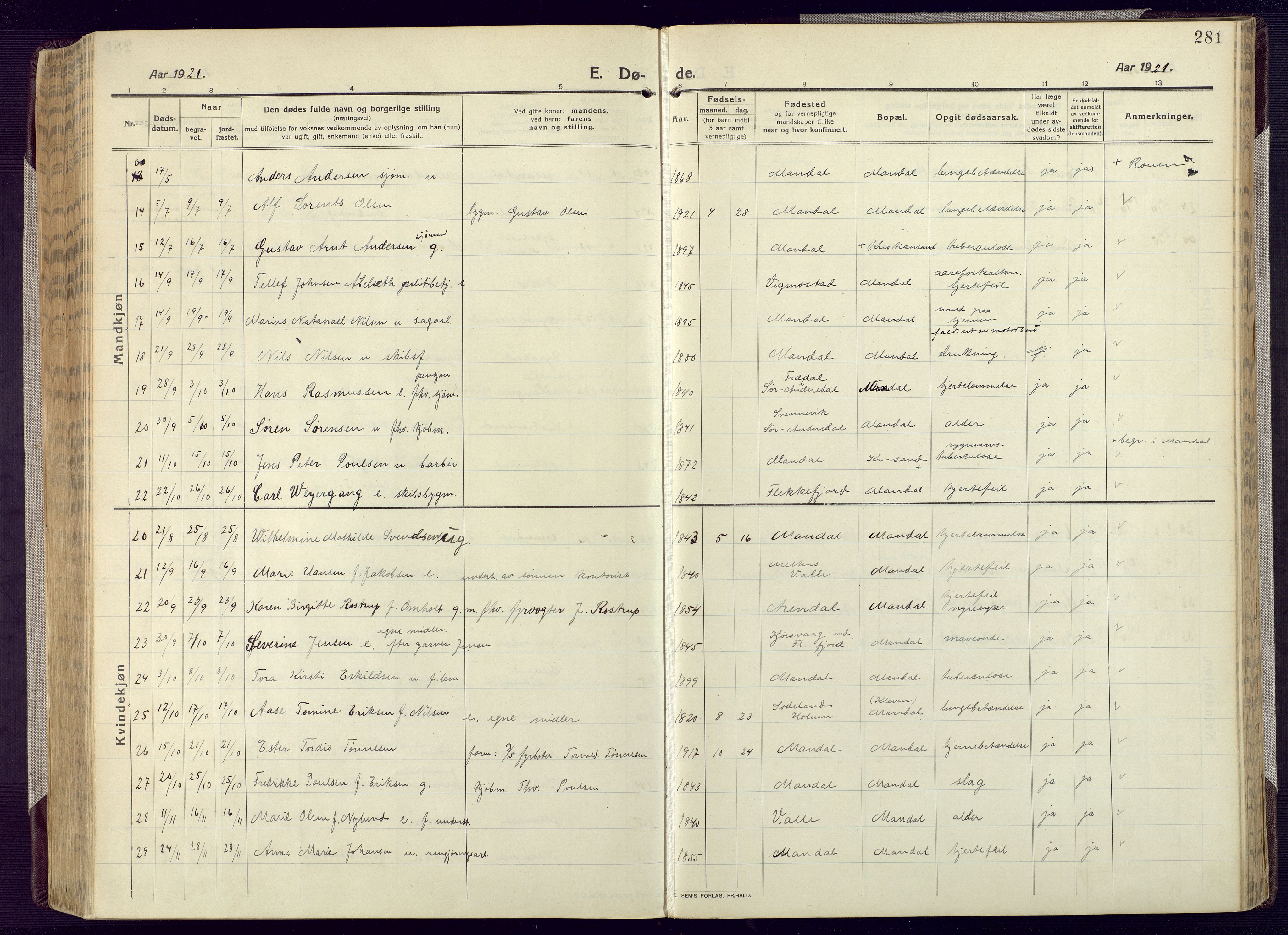 Mandal sokneprestkontor, AV/SAK-1111-0030/F/Fa/Fac/L0001: Parish register (official) no. A 1, 1913-1925, p. 281