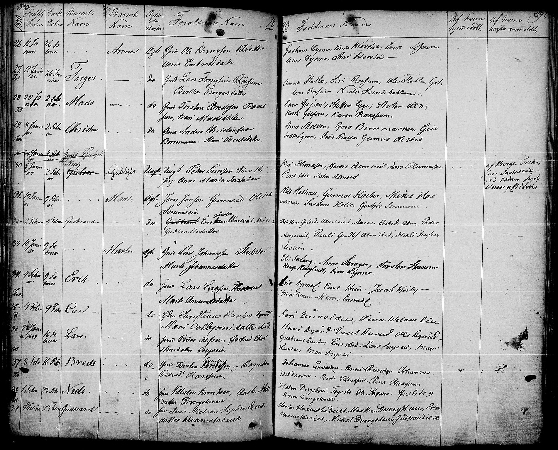 Gran prestekontor, SAH/PREST-112/H/Ha/Haa/L0010: Parish register (official) no. 10, 1824-1842, p. 390-391