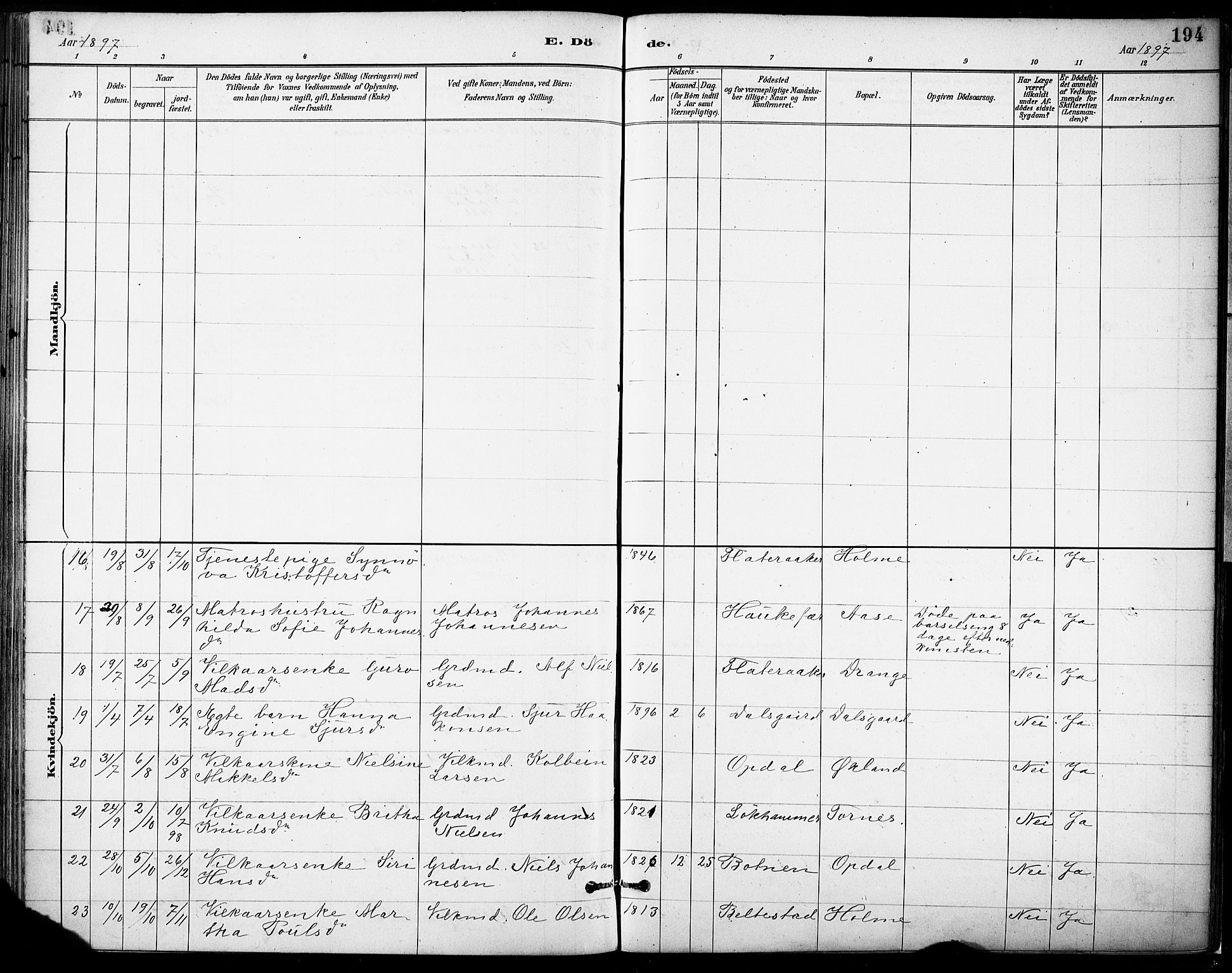 Tysnes sokneprestembete, AV/SAB-A-78601/H/Haa: Parish register (official) no. D 1, 1887-1904, p. 194