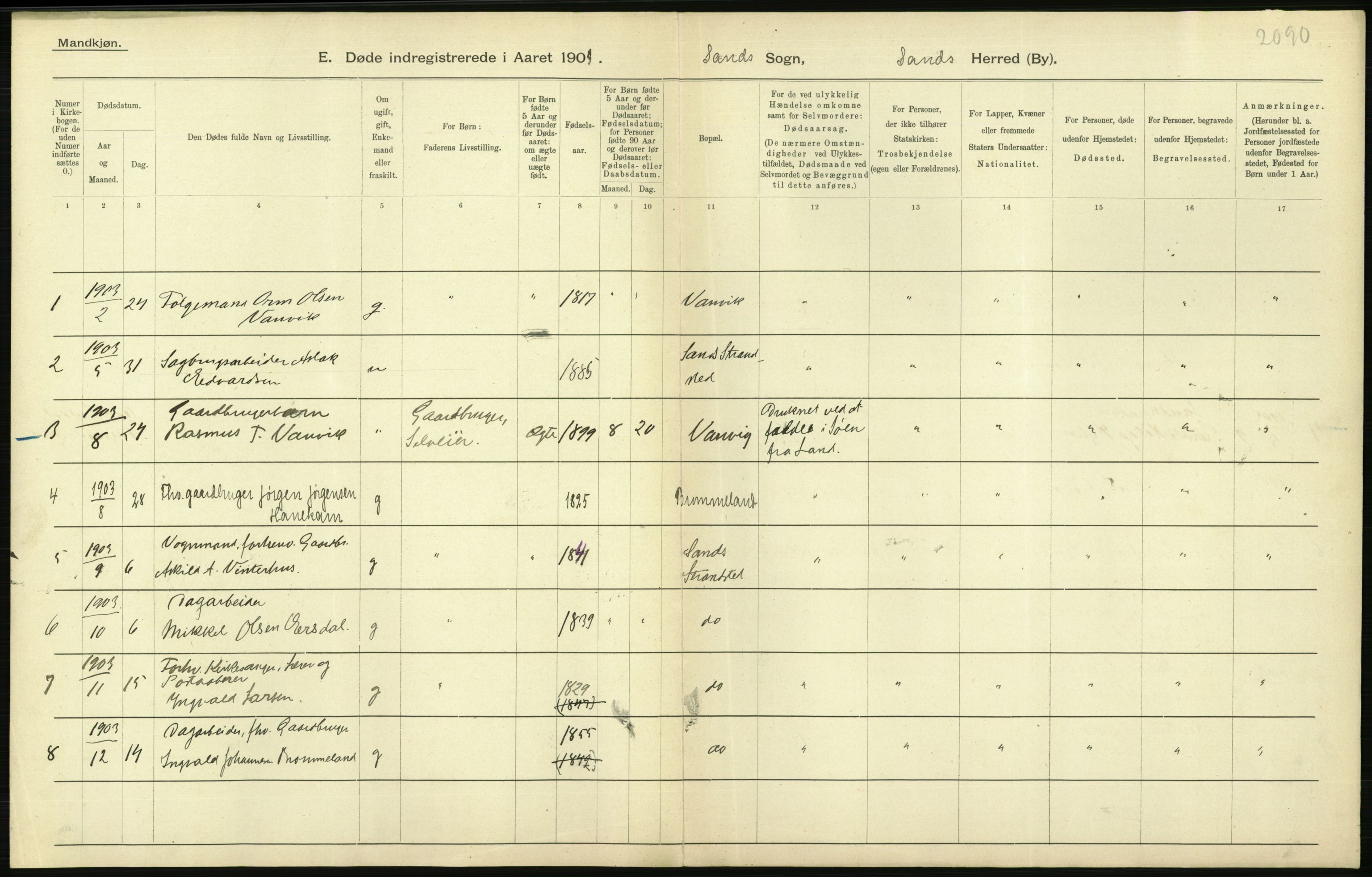 Statistisk sentralbyrå, Sosiodemografiske emner, Befolkning, AV/RA-S-2228/D/Df/Dfa/Dfaa/L0012: Stavanger amt: Fødte, gifte, døde, 1903, p. 648