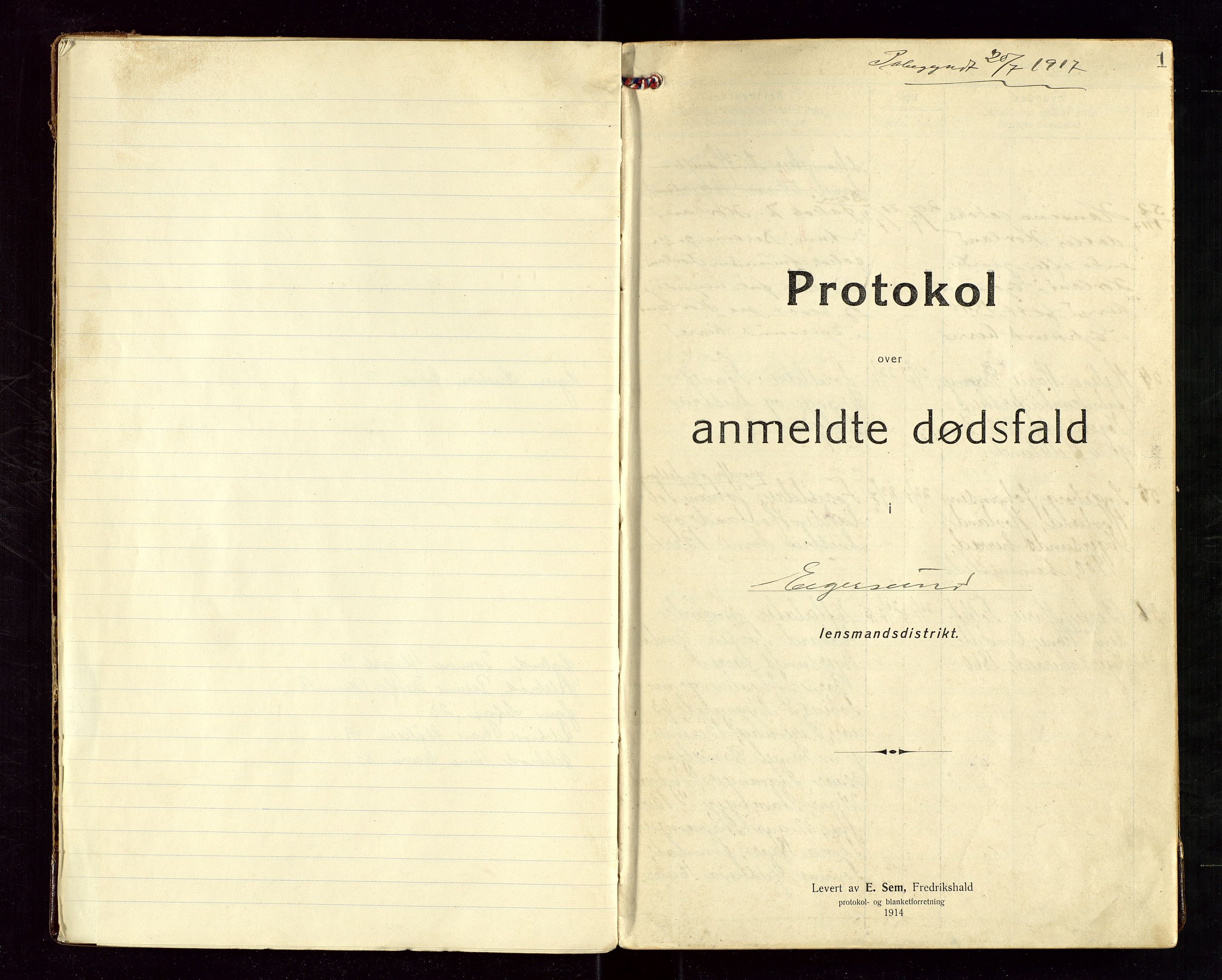 Eigersund lensmannskontor, AV/SAST-A-100171/Gga/L0007: "Protokol over anmeldte dødsfald" m/alfabetisk navneregister, 1917-1920, p. 1