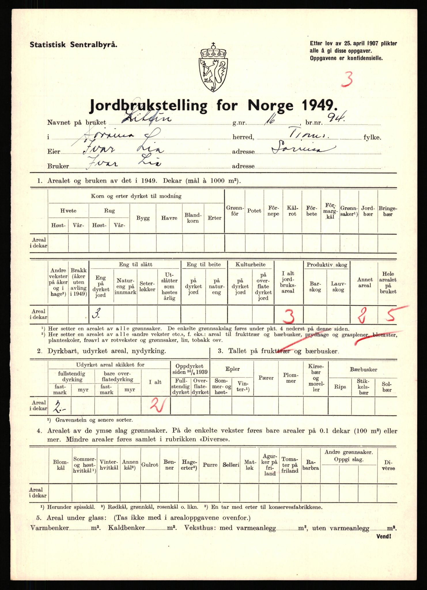 Statistisk sentralbyrå, Næringsøkonomiske emner, Jordbruk, skogbruk, jakt, fiske og fangst, AV/RA-S-2234/G/Gc/L0440: Troms: Sørreisa og Dyrøy, 1949, p. 45