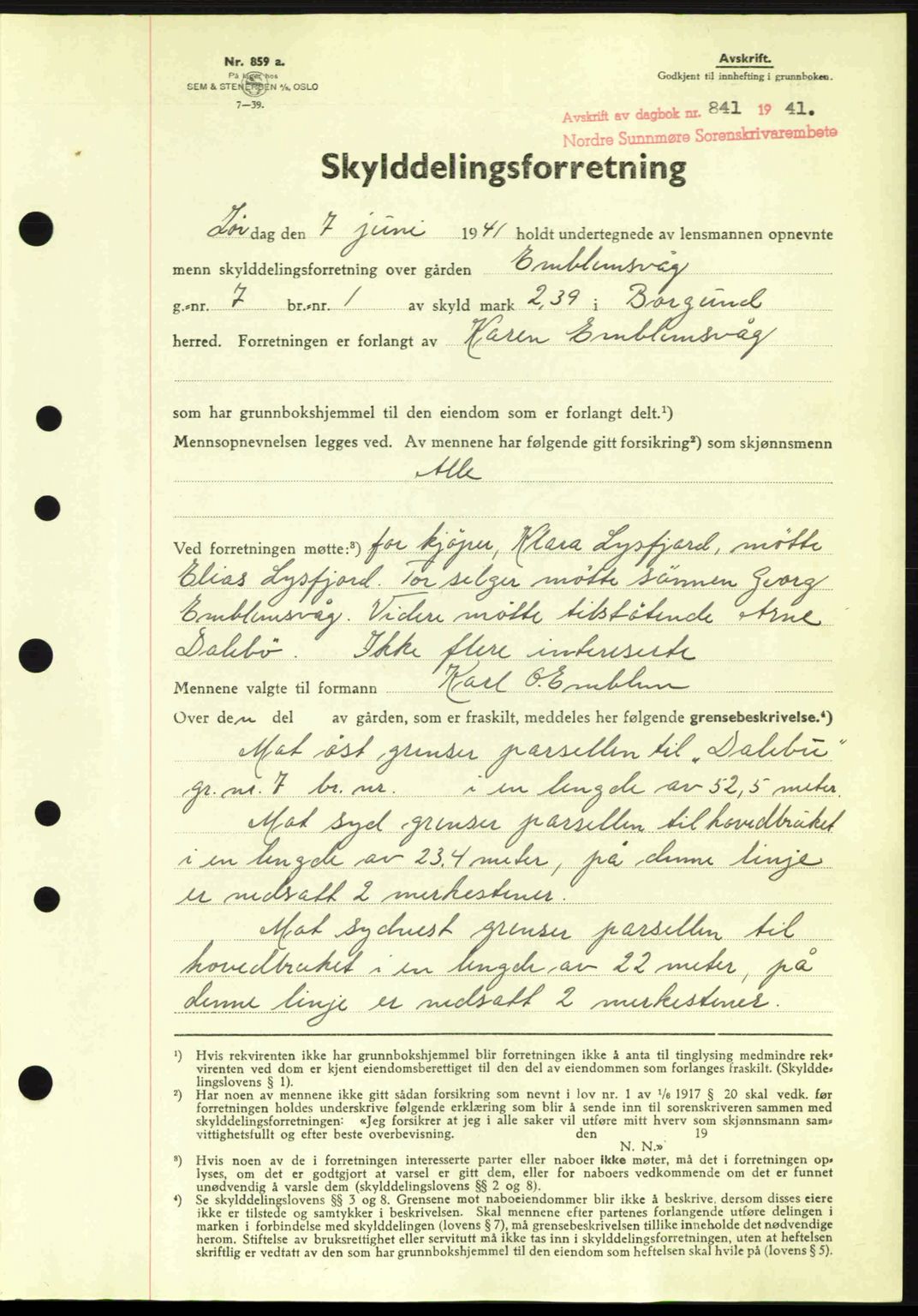 Nordre Sunnmøre sorenskriveri, AV/SAT-A-0006/1/2/2C/2Ca: Mortgage book no. A11, 1941-1941, Diary no: : 841/1941