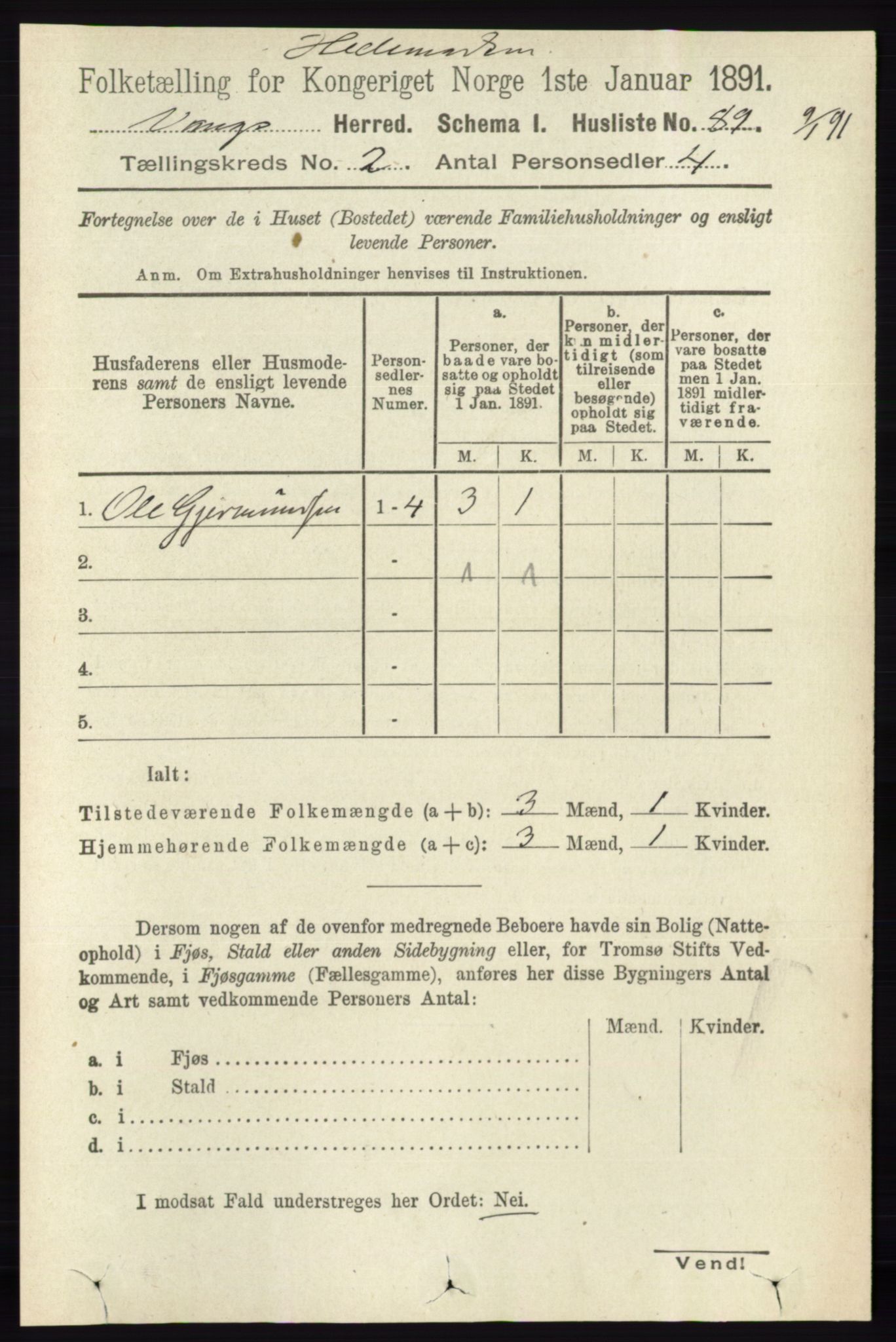 RA, 1891 census for 0414 Vang, 1891, p. 1020