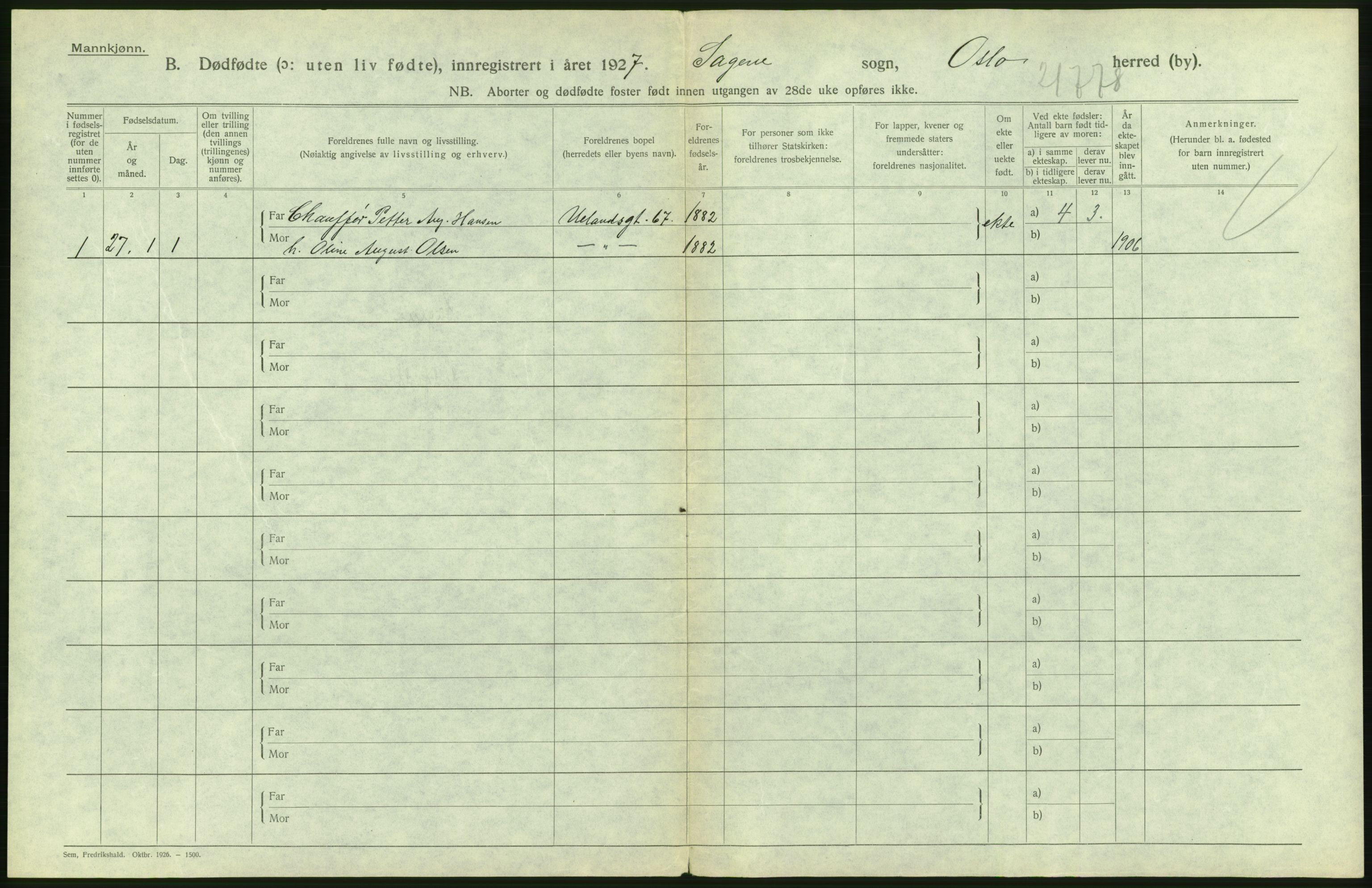 Statistisk sentralbyrå, Sosiodemografiske emner, Befolkning, AV/RA-S-2228/D/Df/Dfc/Dfcg/L0010: Oslo: Døde kvinner, dødfødte, 1927, p. 72