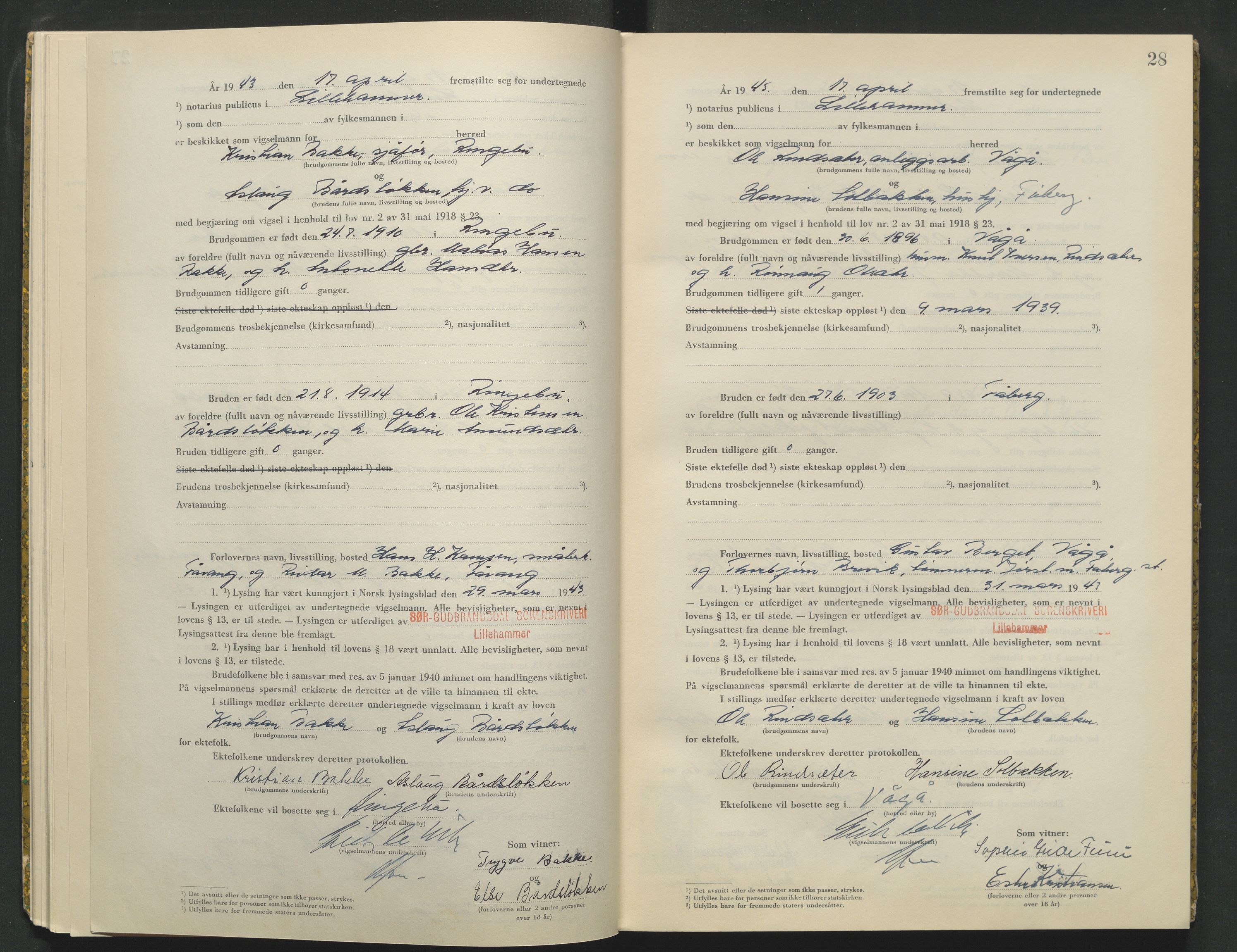 Sør-Gudbrandsdal tingrett, AV/SAH-TING-004/L/Lc/L0003: Vigselsprotokoll, 1943, p. 28