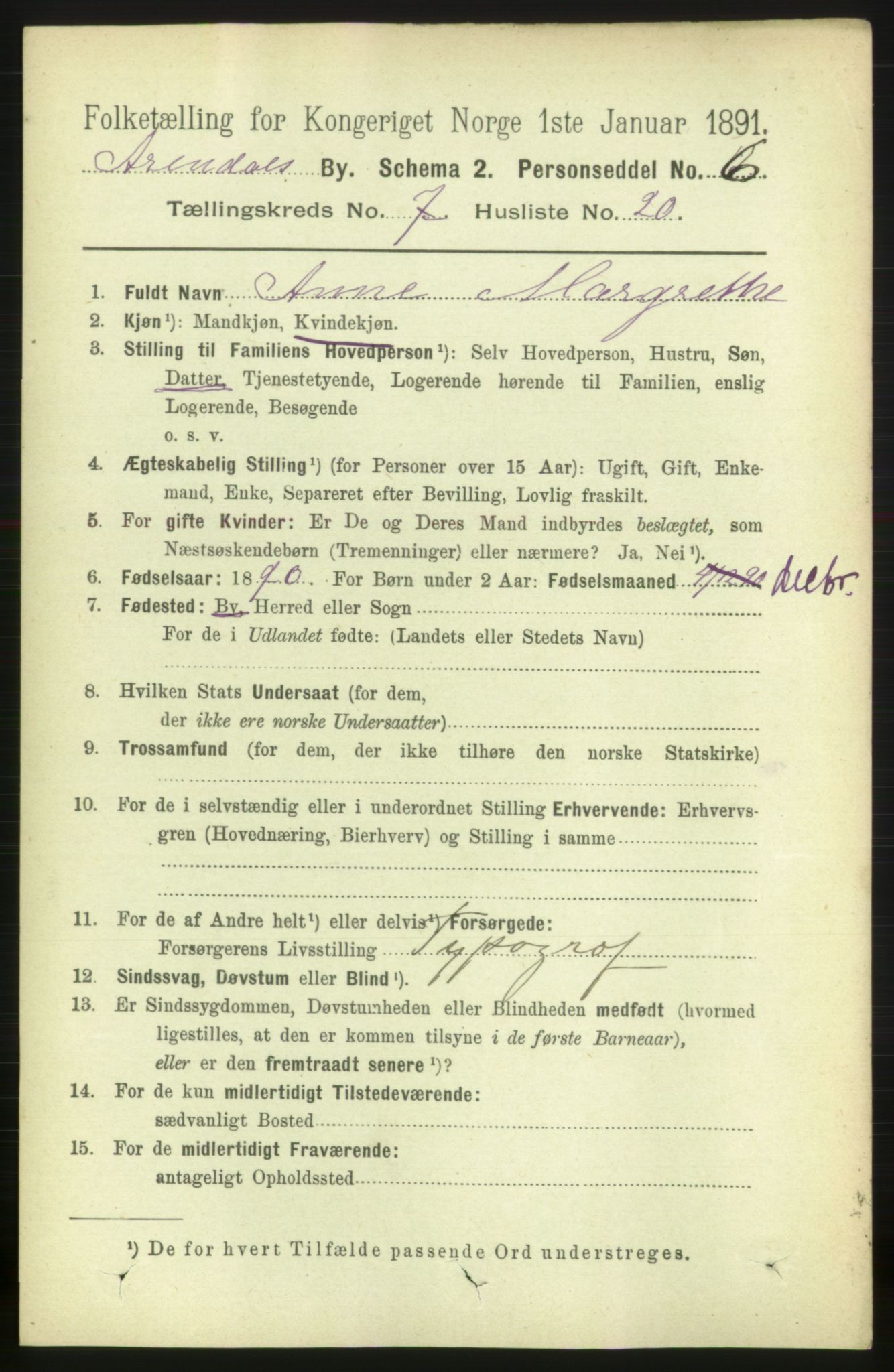 RA, 1891 census for 0903 Arendal, 1891, p. 2838