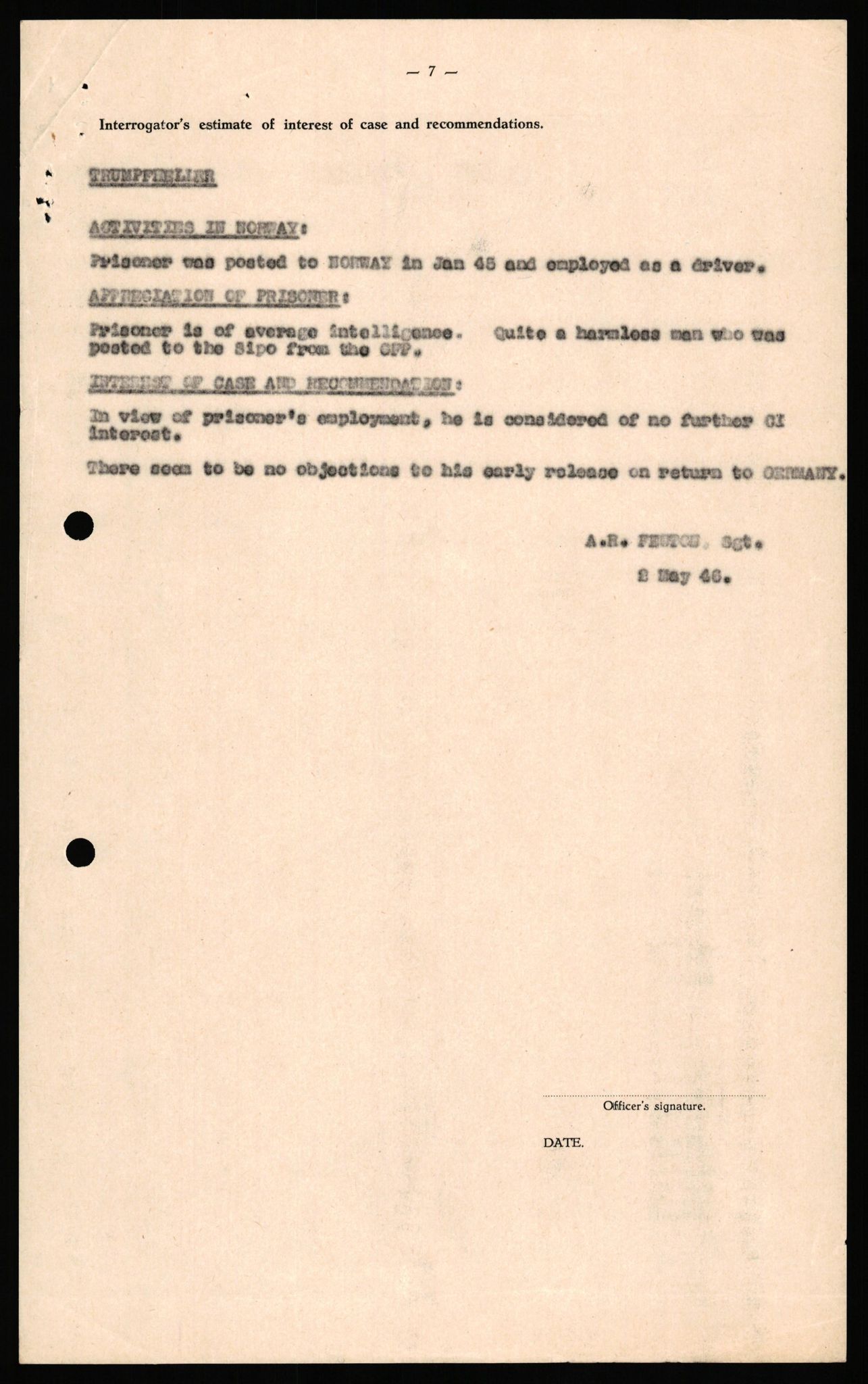 Forsvaret, Forsvarets overkommando II, RA/RAFA-3915/D/Db/L0034: CI Questionaires. Tyske okkupasjonsstyrker i Norge. Tyskere., 1945-1946, p. 120