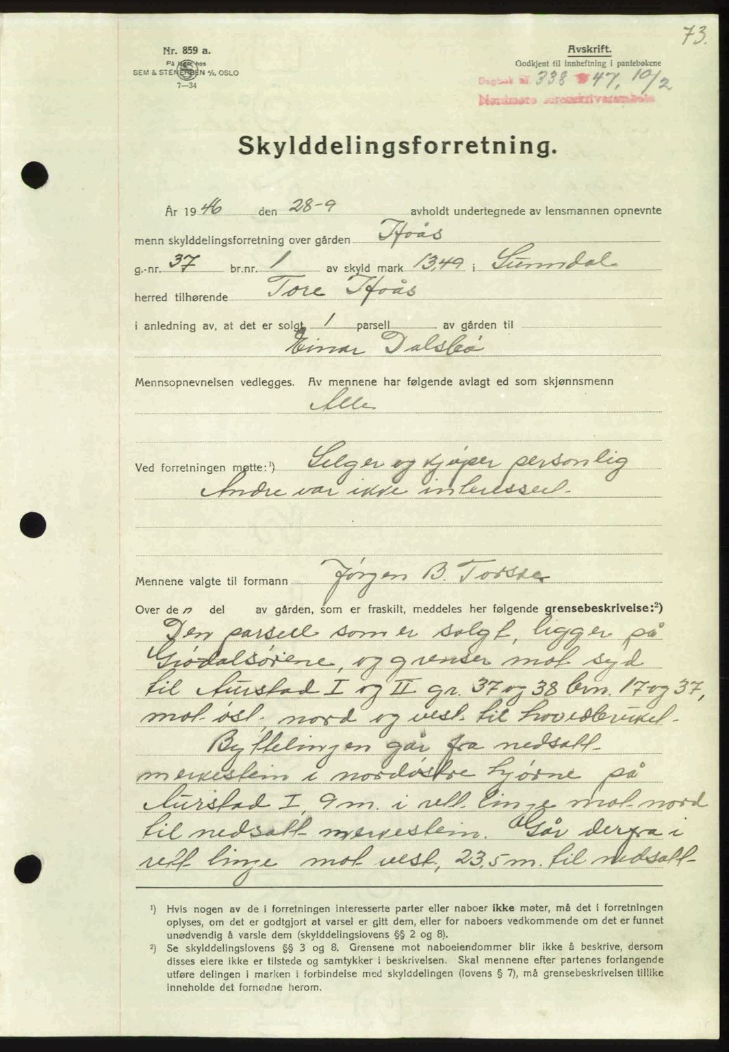 Nordmøre sorenskriveri, AV/SAT-A-4132/1/2/2Ca: Mortgage book no. A104, 1947-1947, Diary no: : 338/1947