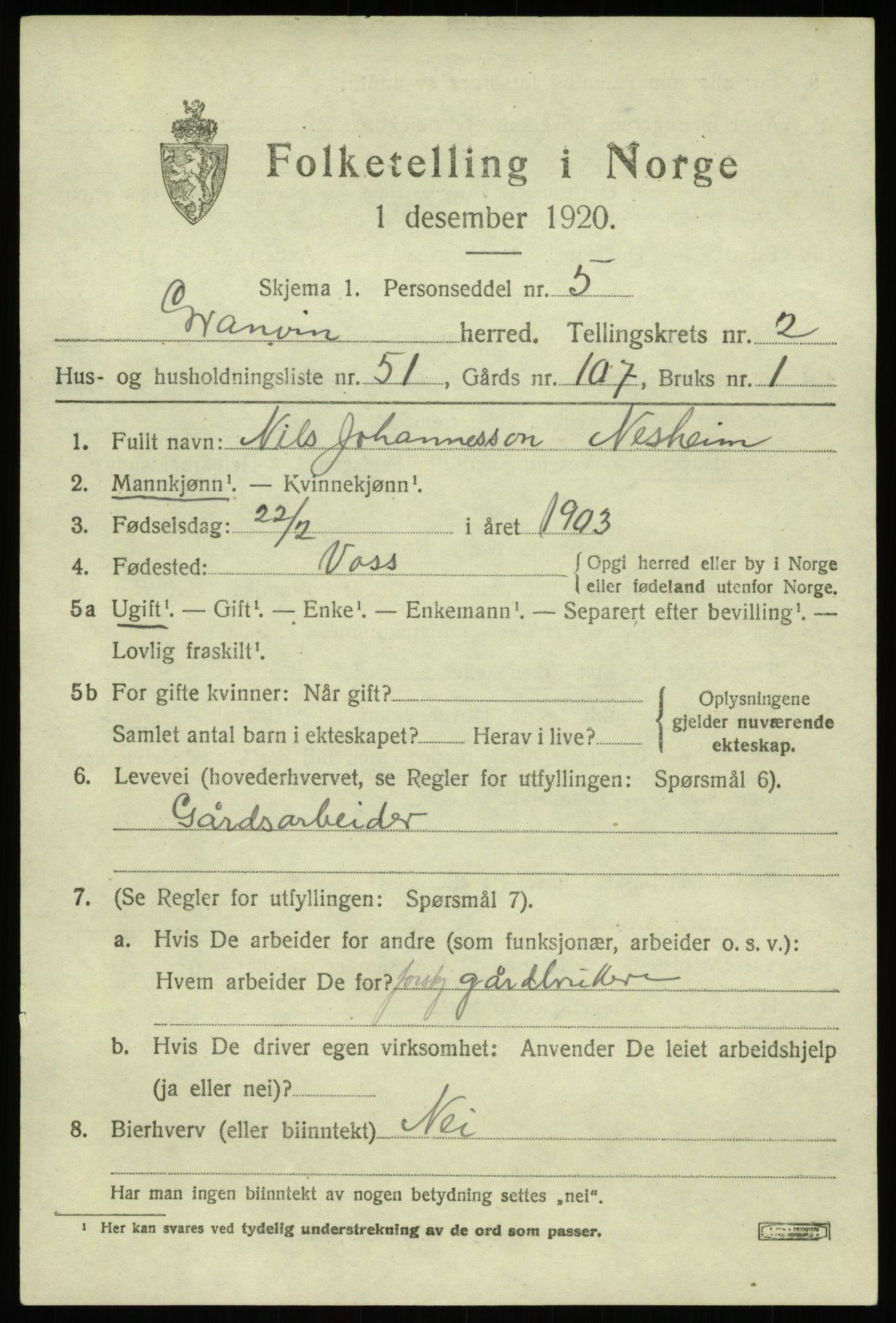 SAB, 1920 census for Granvin, 1920, p. 1154