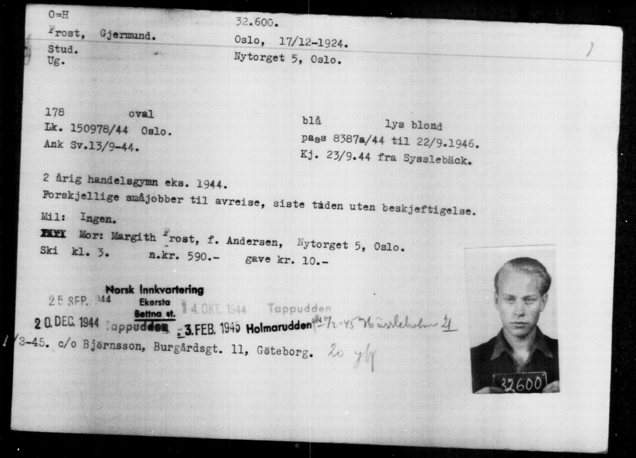 Utenriksstasjonene, Legasjonen i Stockholm, Flyktningkontoret, AV/RA-S-6753/V/Va/L0013: Kjesäterkartoteket, flyktninger med registreringsnr. 31500-34731, 1940-1945, p. 1160