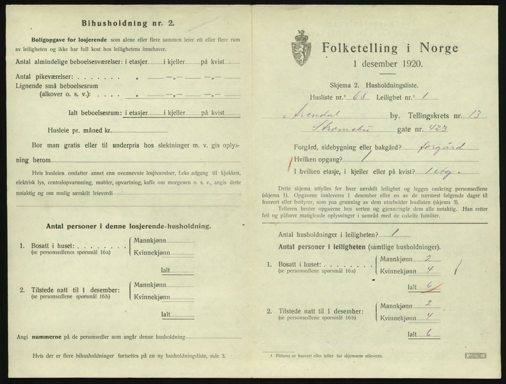 SAK, 1920 census for Arendal, 1920, p. 6970