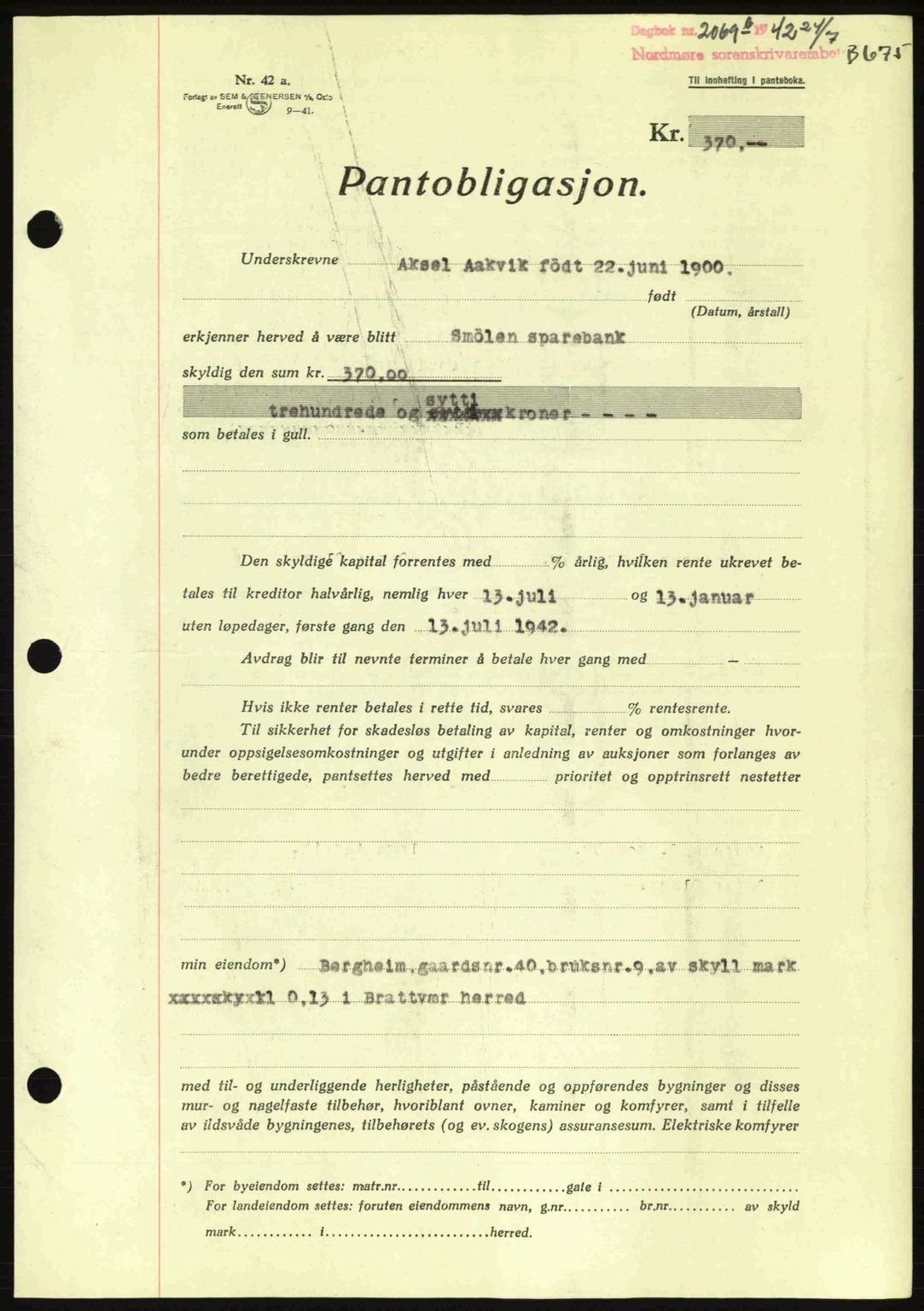 Nordmøre sorenskriveri, AV/SAT-A-4132/1/2/2Ca: Mortgage book no. B89, 1942-1942, Diary no: : 2069/1942