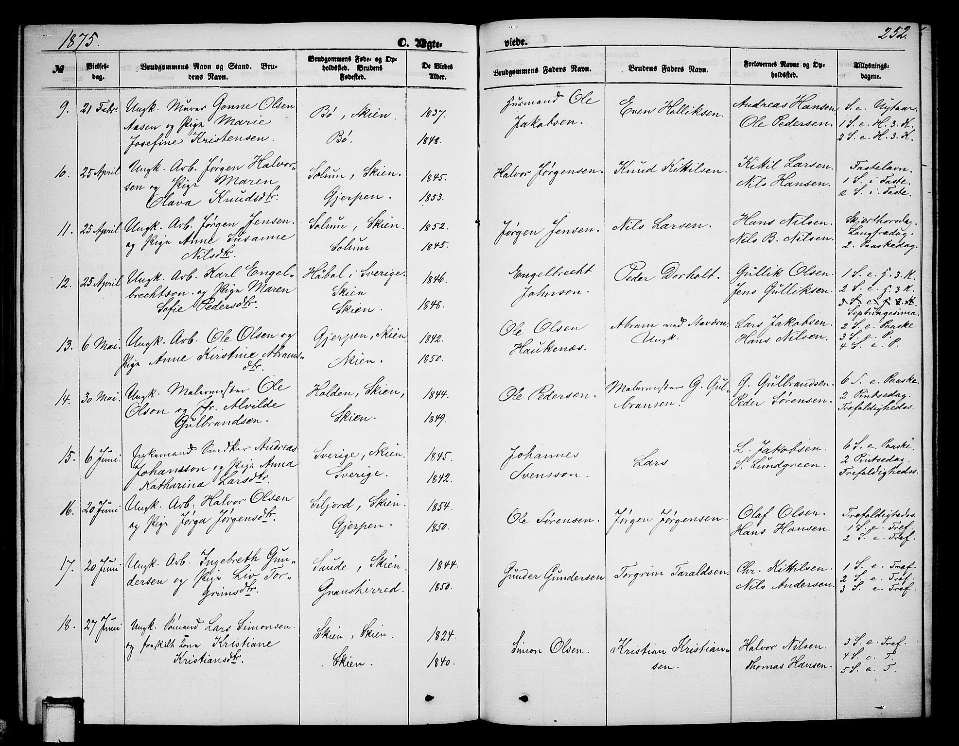 Skien kirkebøker, AV/SAKO-A-302/G/Ga/L0005: Parish register (copy) no. 5, 1868-1880, p. 252