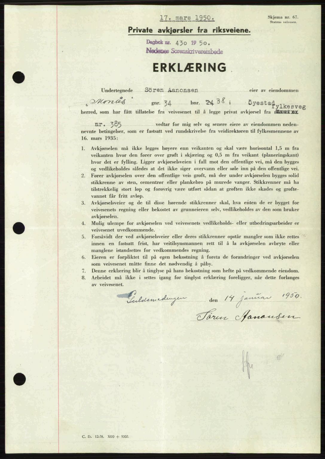 Nedenes sorenskriveri, AV/SAK-1221-0006/G/Gb/Gba/L0062: Mortgage book no. A14, 1949-1950, Diary no: : 430/1950