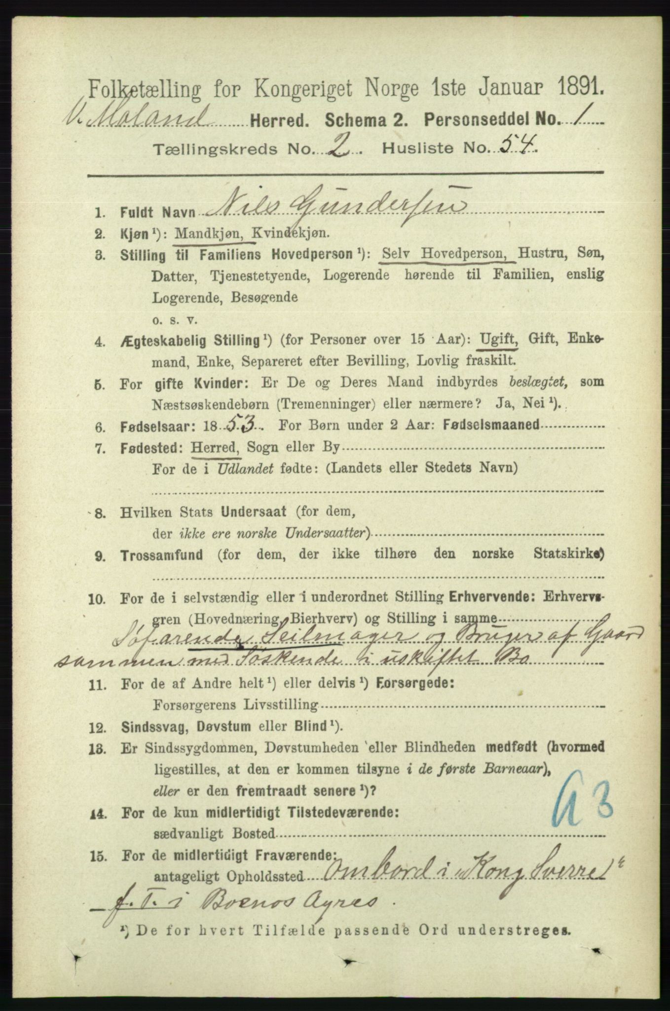 RA, 1891 census for 0926 Vestre Moland, 1891, p. 904