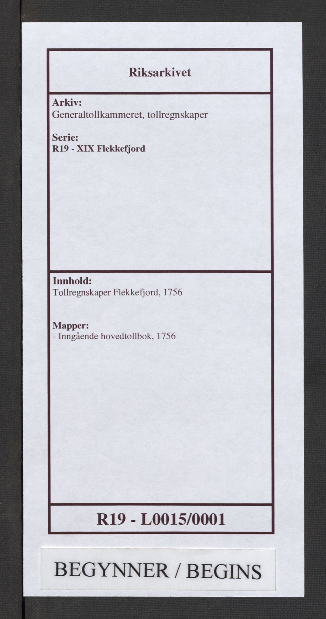 Generaltollkammeret, tollregnskaper, AV/RA-EA-5490/R19/L0015/0001: Tollregnskaper Flekkefjord / Inngående hovedtollbok, 1756