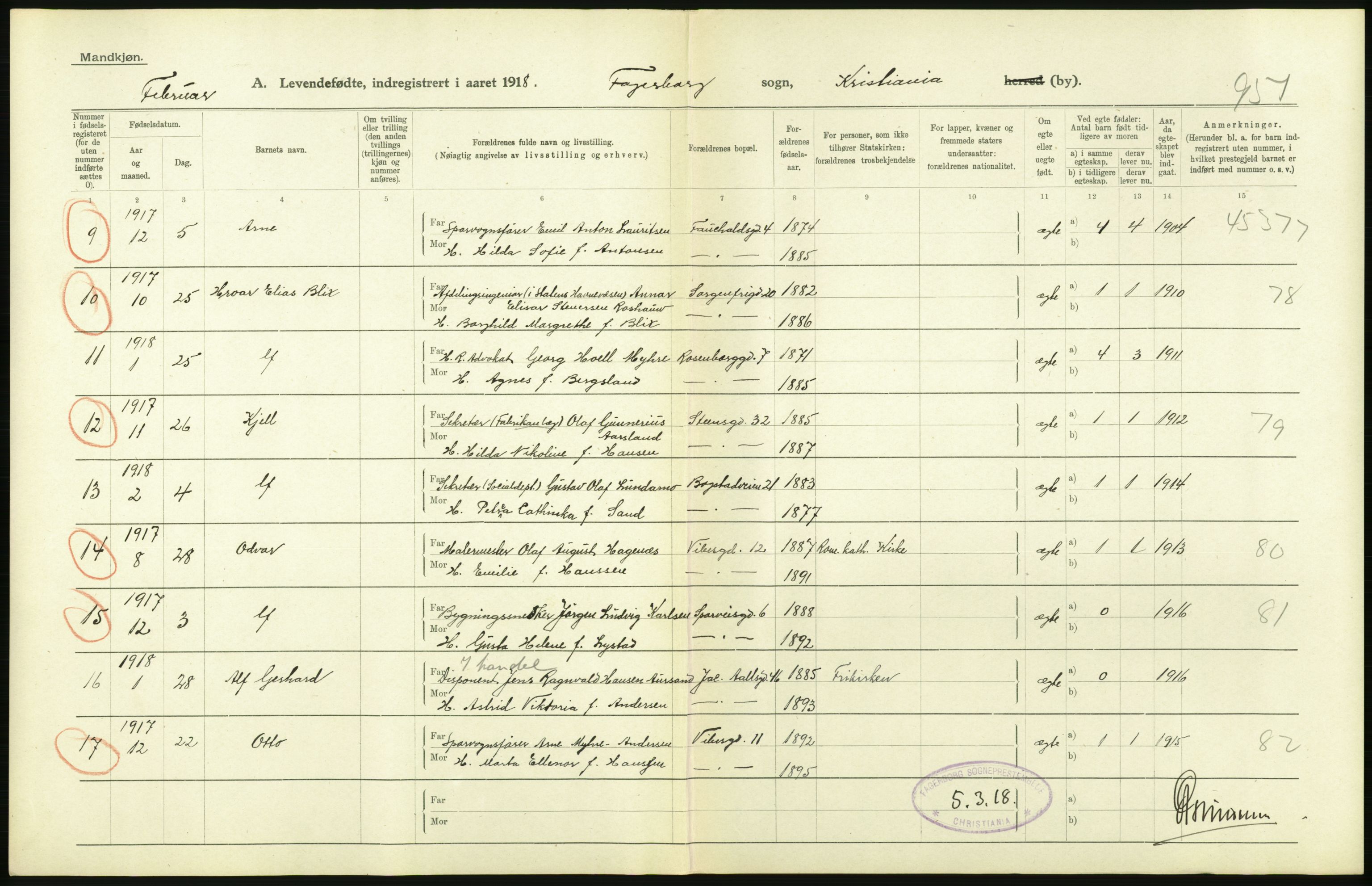 Statistisk sentralbyrå, Sosiodemografiske emner, Befolkning, AV/RA-S-2228/D/Df/Dfb/Dfbh/L0008: Kristiania: Levendefødte menn og kvinner., 1918, p. 112