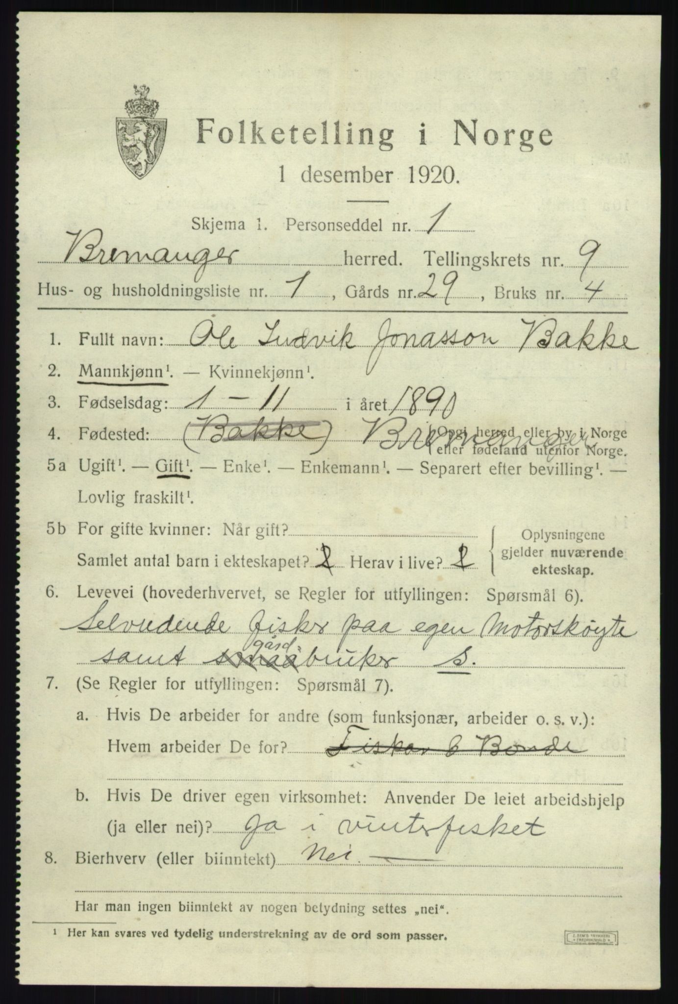 SAB, 1920 census for Bremanger, 1920, p. 5126