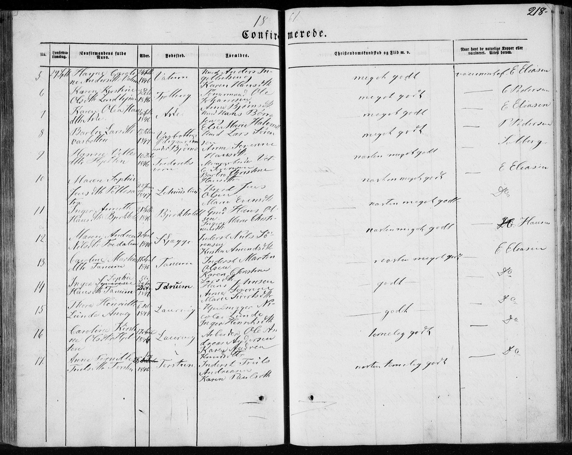 Brunlanes kirkebøker, AV/SAKO-A-342/F/Fa/L0004: Parish register (official) no. I 4, 1846-1862, p. 218