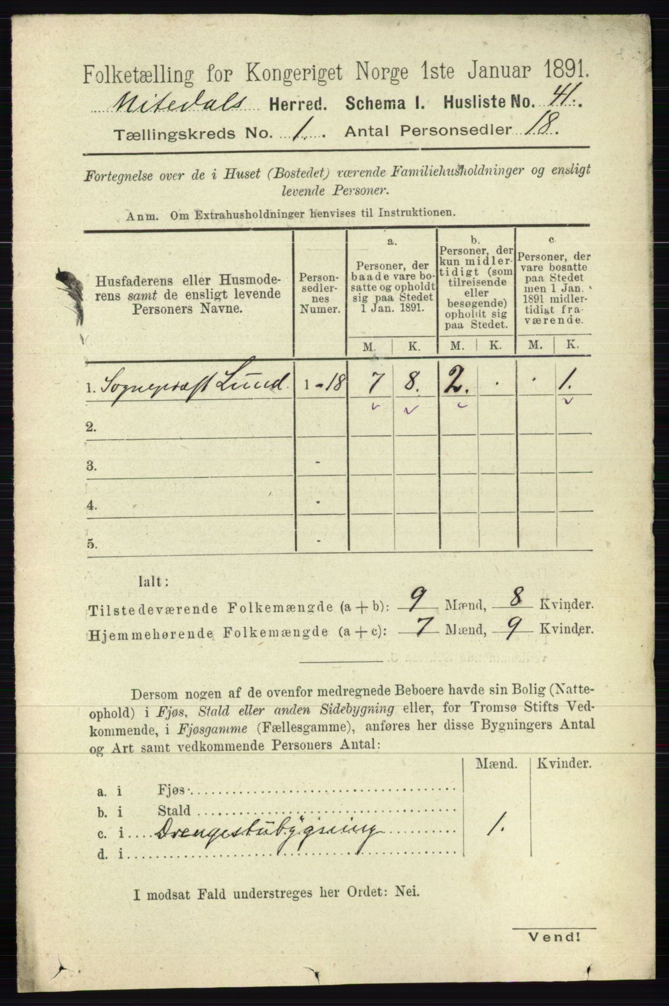 RA, 1891 census for 0233 Nittedal, 1891, p. 61