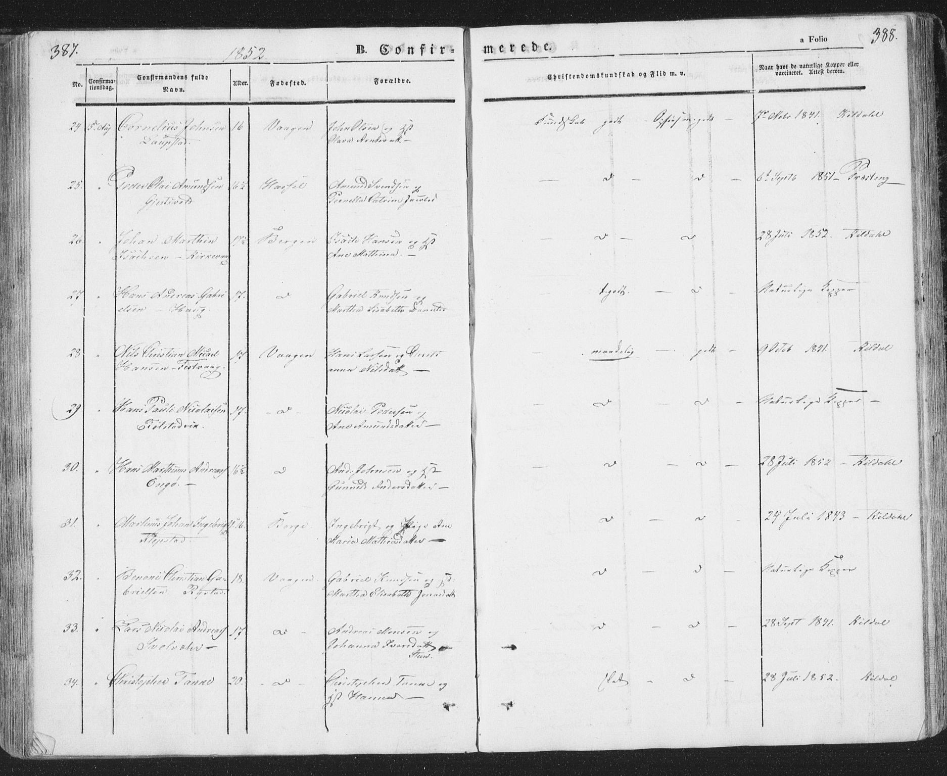 Ministerialprotokoller, klokkerbøker og fødselsregistre - Nordland, AV/SAT-A-1459/874/L1072: Parish register (copy) no. 874C01, 1843-1859, p. 387-388