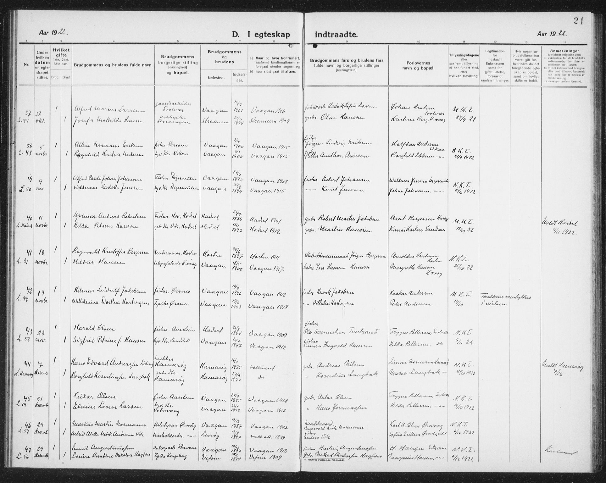 Ministerialprotokoller, klokkerbøker og fødselsregistre - Nordland, AV/SAT-A-1459/874/L1082: Parish register (copy) no. 874C11, 1920-1939, p. 21