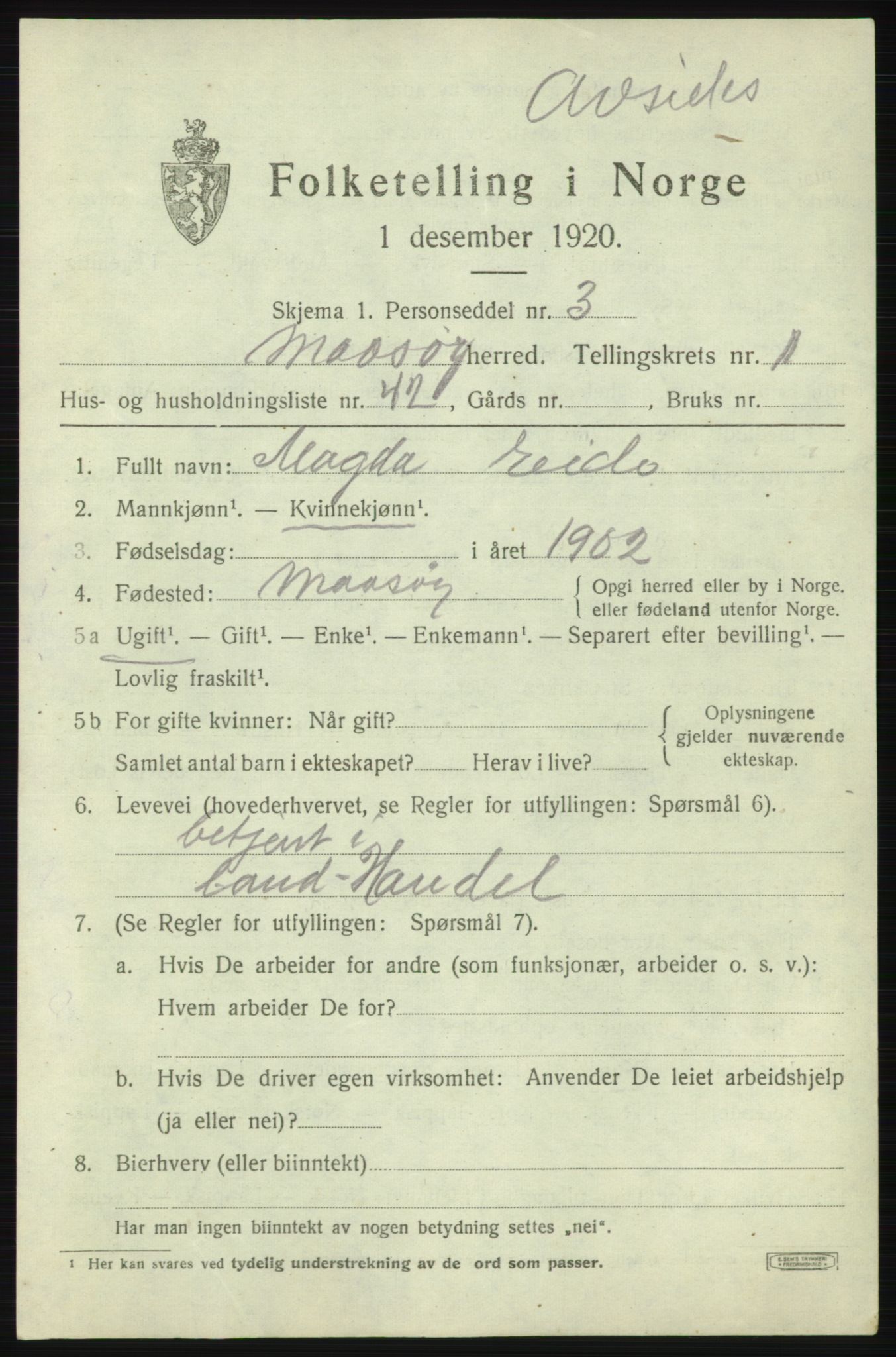 SATØ, 1920 census for Måsøy, 1920, p. 1278
