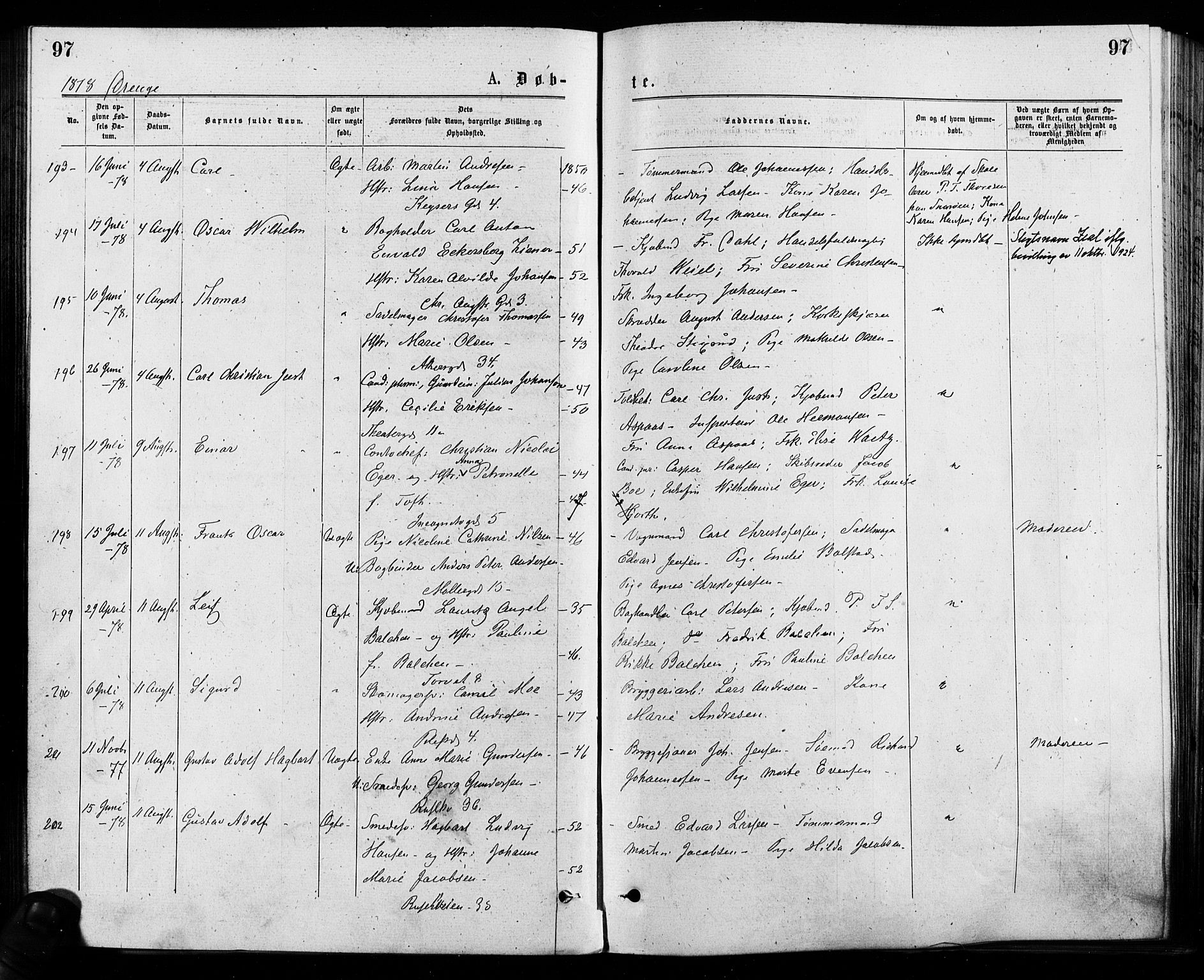Trefoldighet prestekontor Kirkebøker, SAO/A-10882/F/Fa/L0004: Parish register (official) no. I 4, 1876-1880, p. 97