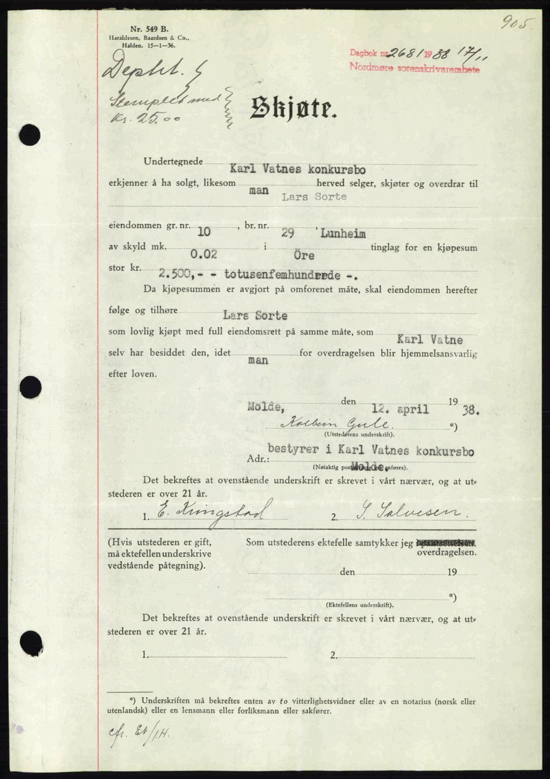 Nordmøre sorenskriveri, SAT/A-4132/1/2/2Ca: Mortgage book no. A84, 1938-1938, Diary no: : 2681/1938