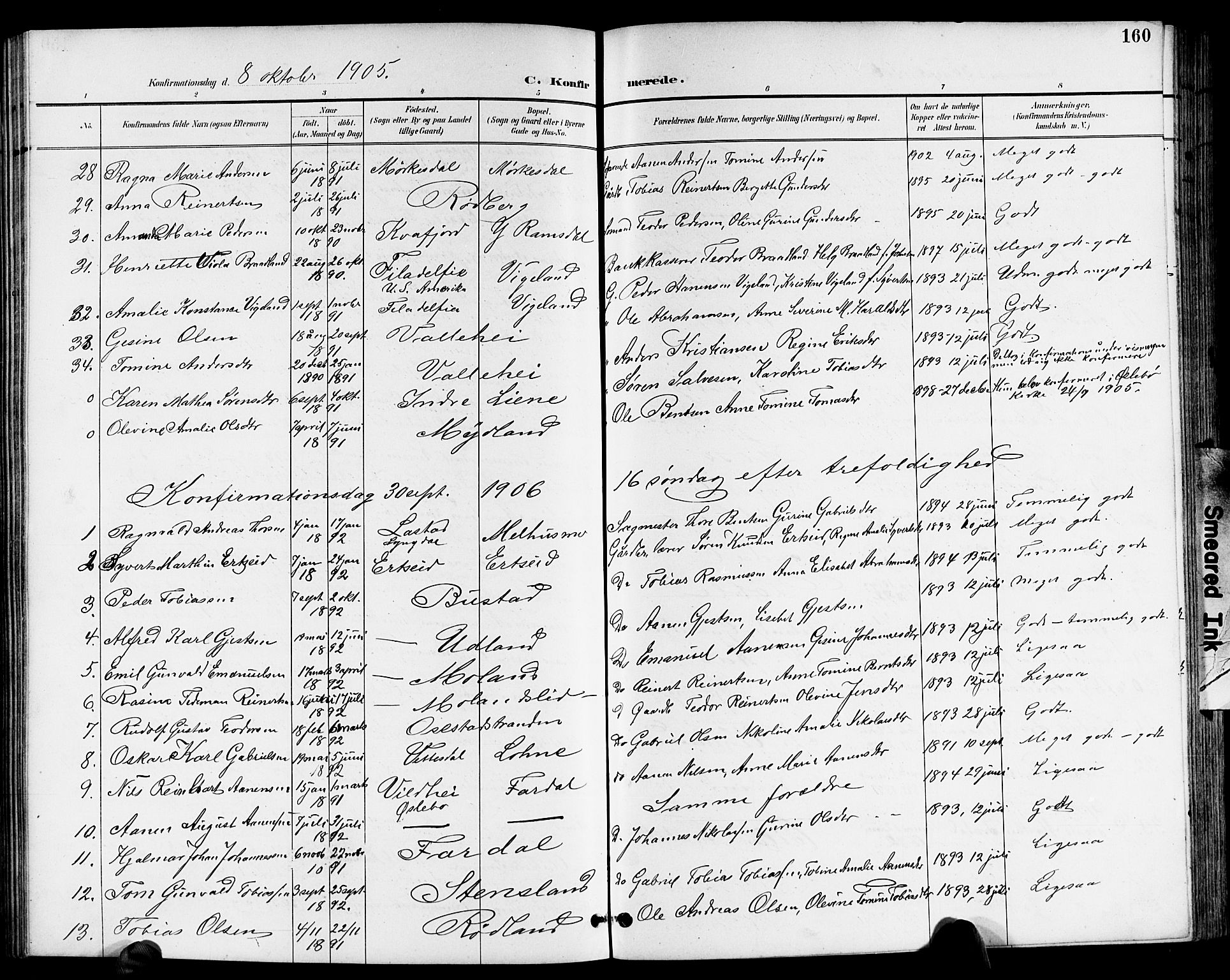 Sør-Audnedal sokneprestkontor, AV/SAK-1111-0039/F/Fb/Fbb/L0006: Parish register (copy) no. B 6, 1893-1915, p. 160