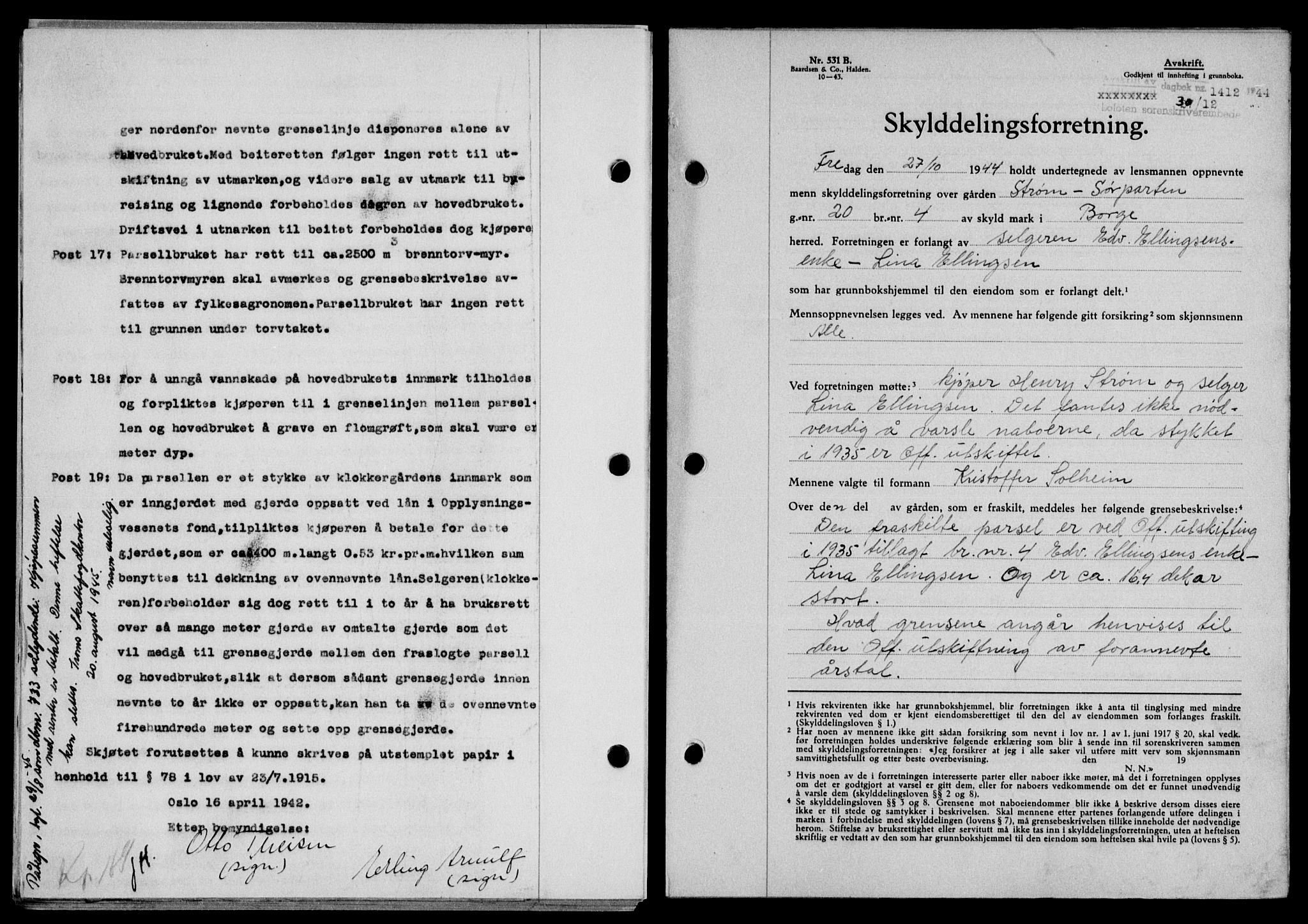 Lofoten sorenskriveri, SAT/A-0017/1/2/2C/L0013a: Mortgage book no. 13a, 1944-1946, Diary no: : 1412/1944