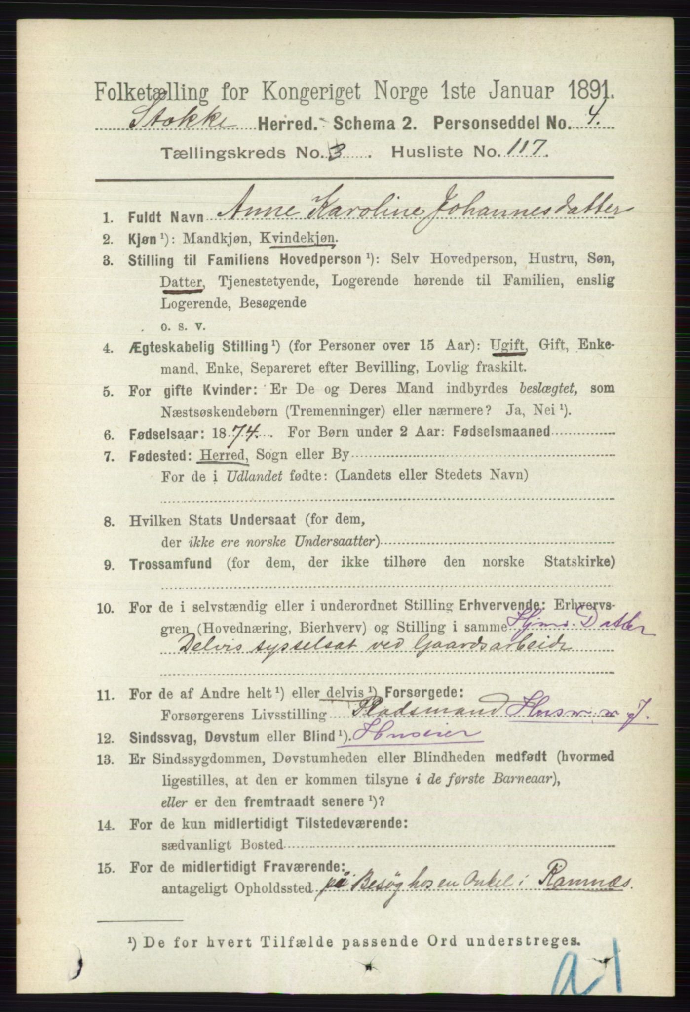 RA, 1891 census for 0720 Stokke, 1891, p. 2312