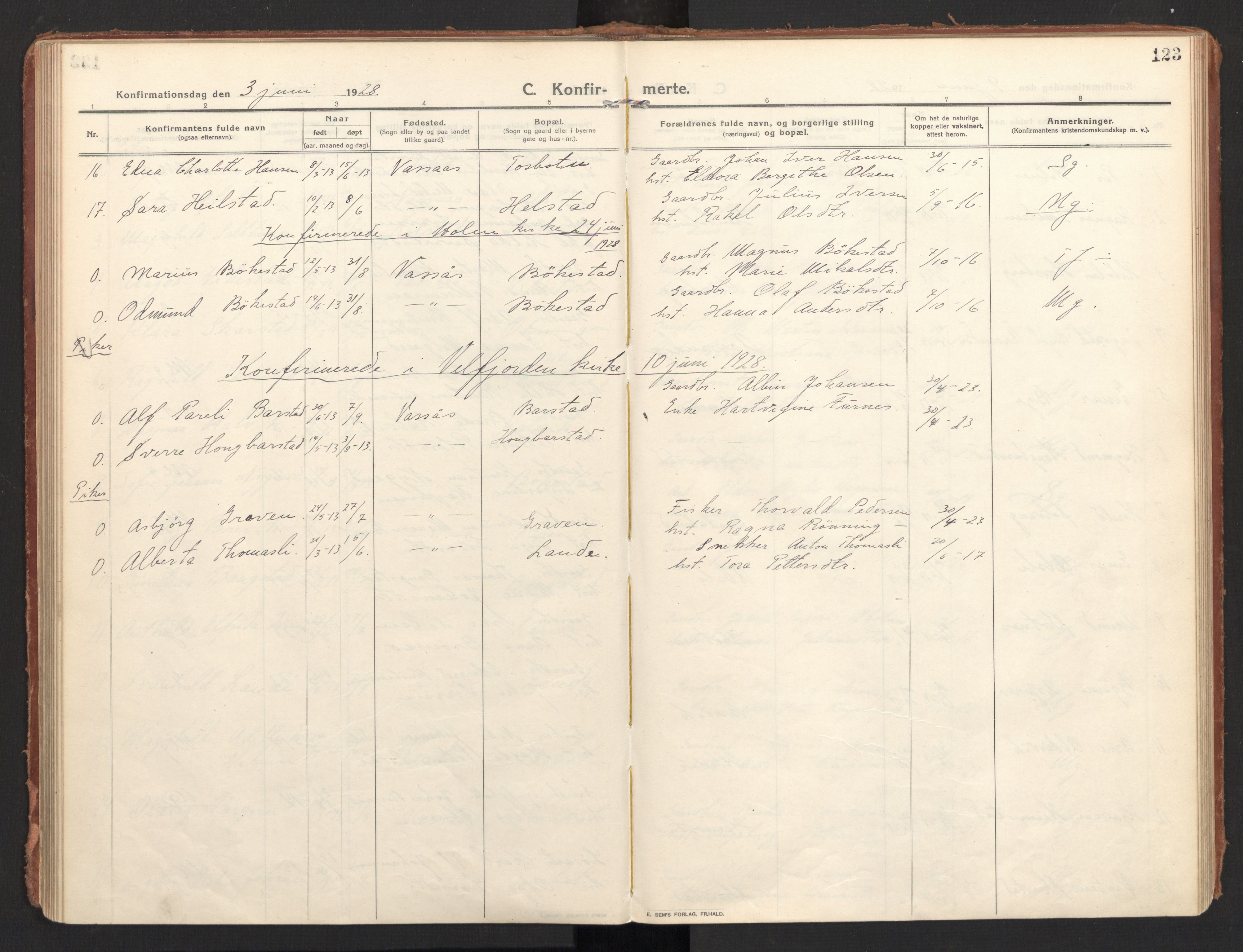 Ministerialprotokoller, klokkerbøker og fødselsregistre - Nordland, AV/SAT-A-1459/810/L0156: Parish register (official) no. 810A15, 1915-1930, p. 123