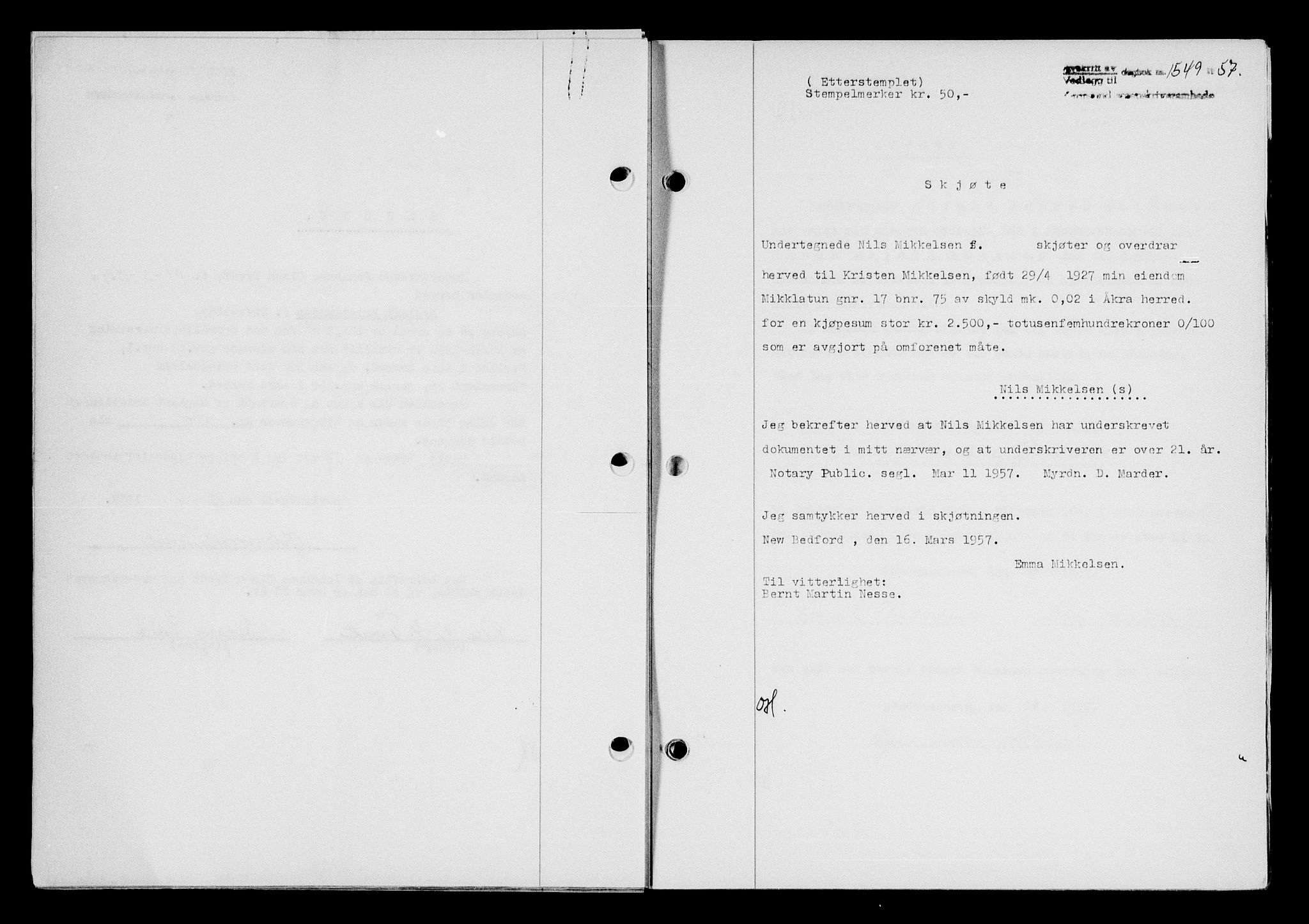 Karmsund sorenskriveri, AV/SAST-A-100311/01/II/IIB/L0125: Mortgage book no. 105A, 1957-1957, Diary no: : 1549/1957