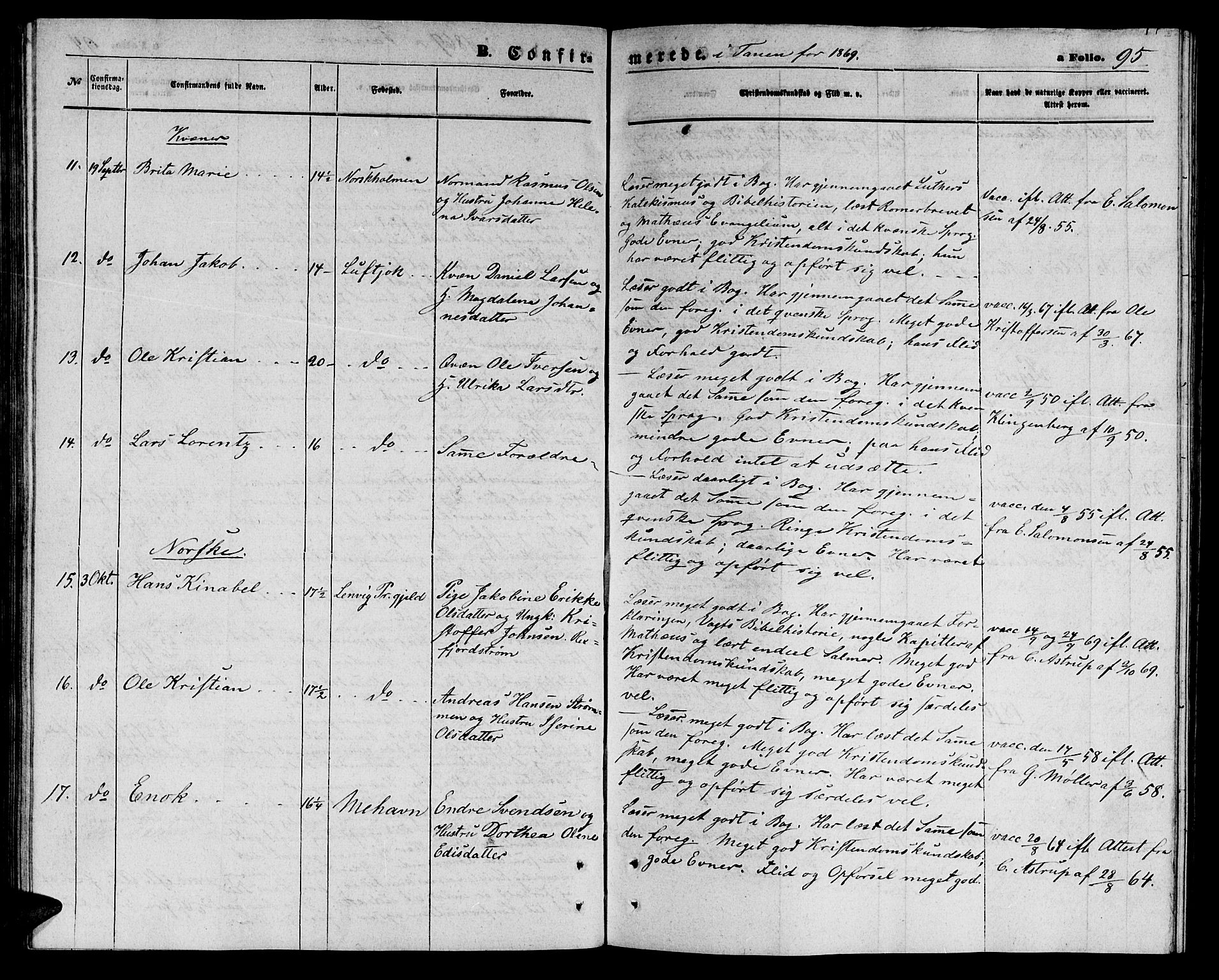 Tana sokneprestkontor, SATØ/S-1334/H/Hb/L0002klokker: Parish register (copy) no. 2 /1, 1866-1877, p. 95