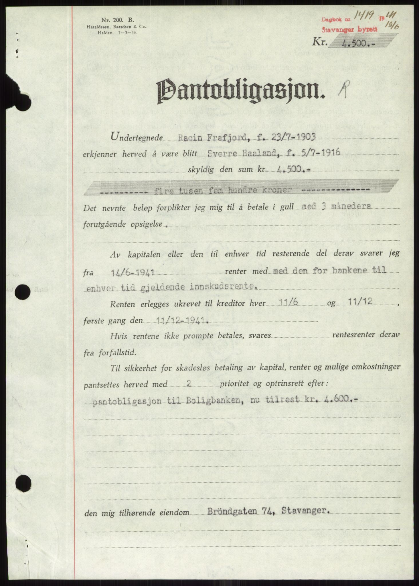 Stavanger byrett, SAST/A-100455/002/G/Gb/L0033: Mortgage book, 1936-1950, Diary no: : 1419/1941